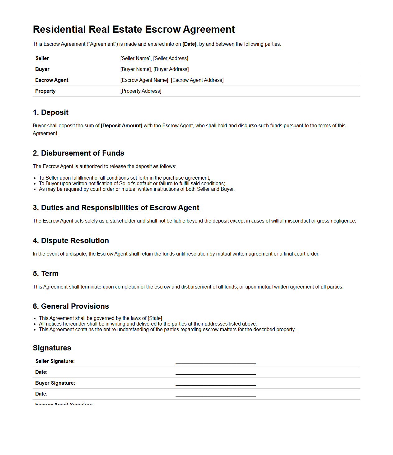 Residential Real Estate Escrow Agreement Example