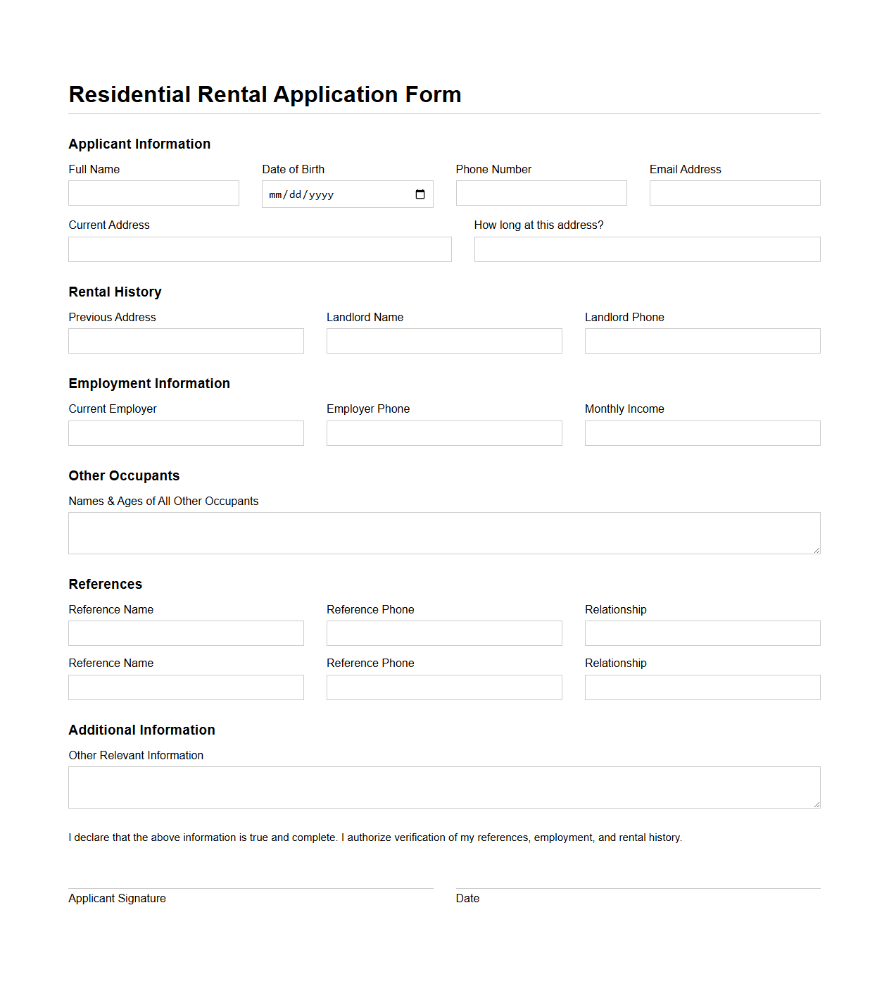 Residential Rental Application Form Sample