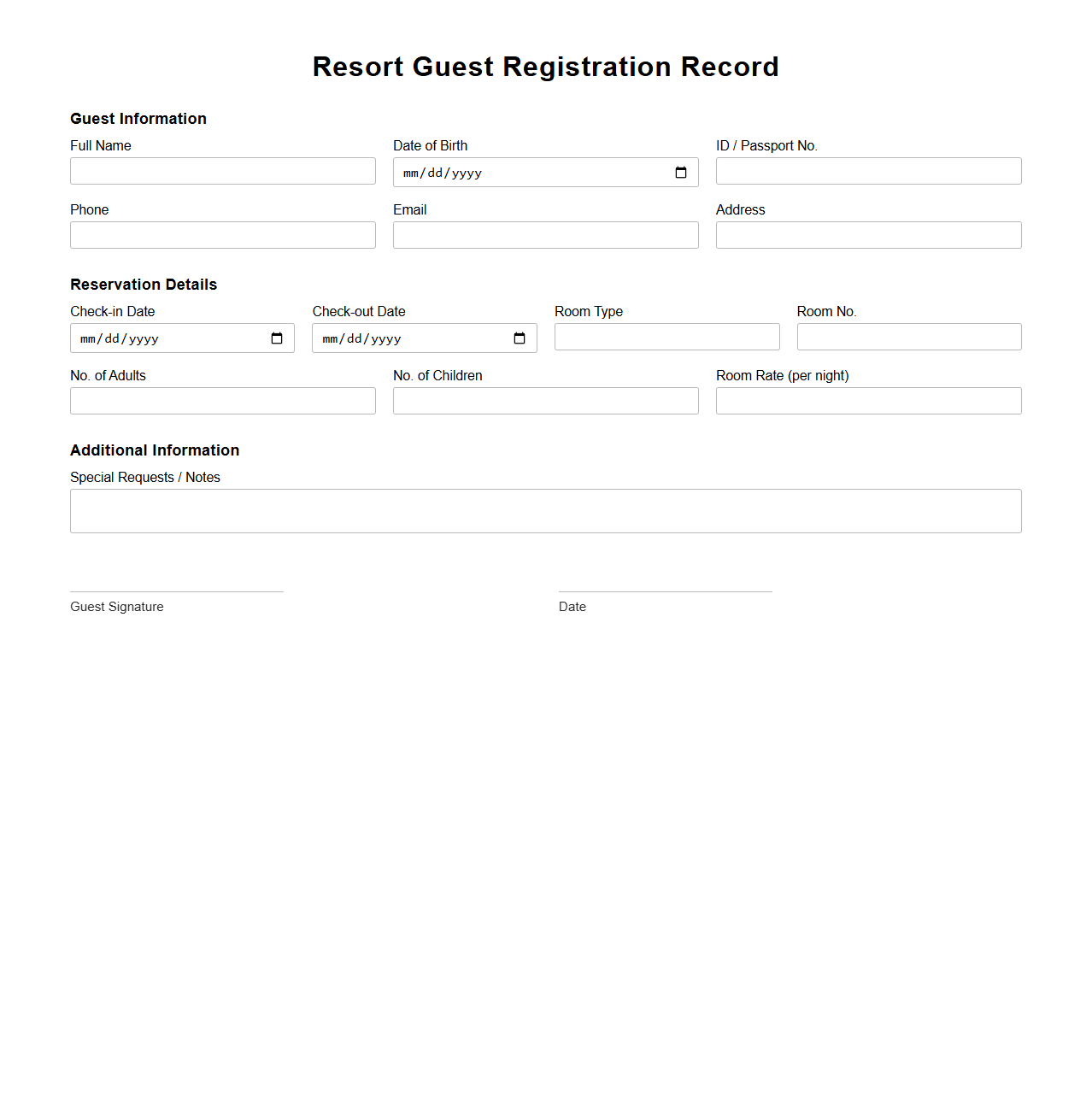 Resort Guest Registration Record Template