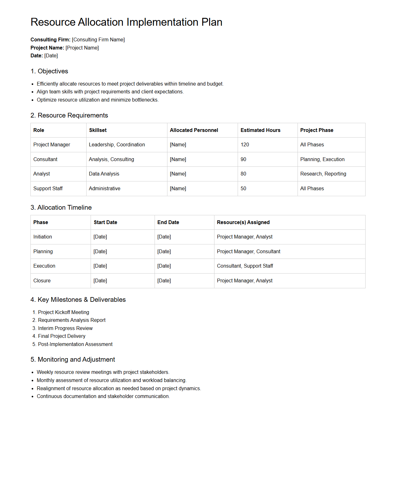 Resource Allocation Implementation Plan Sample for Consulting Firms