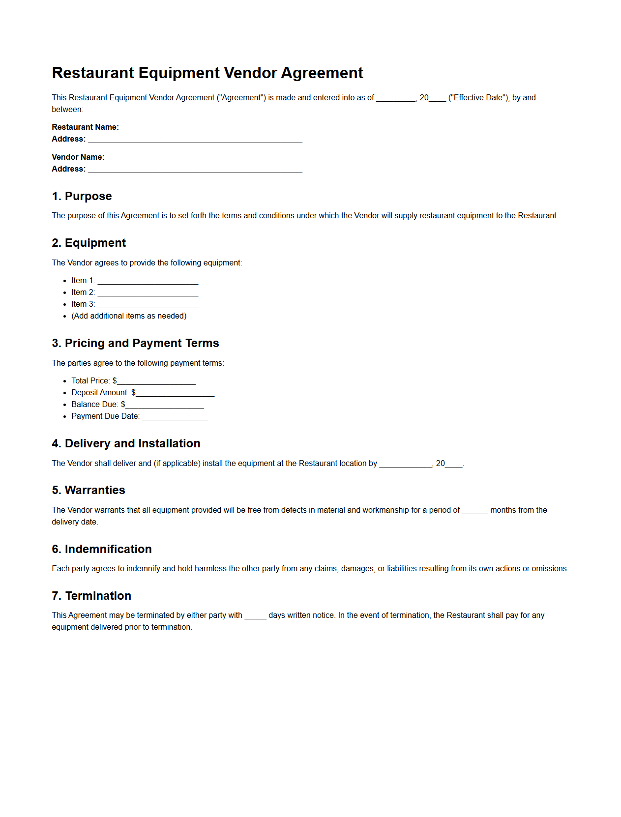 Restaurant Equipment Vendor Agreement Template