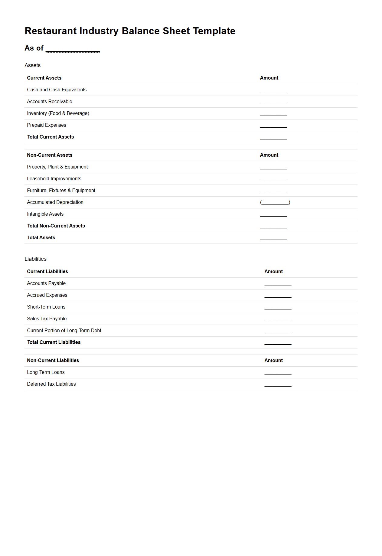 Restaurant Industry Balance Sheet Template