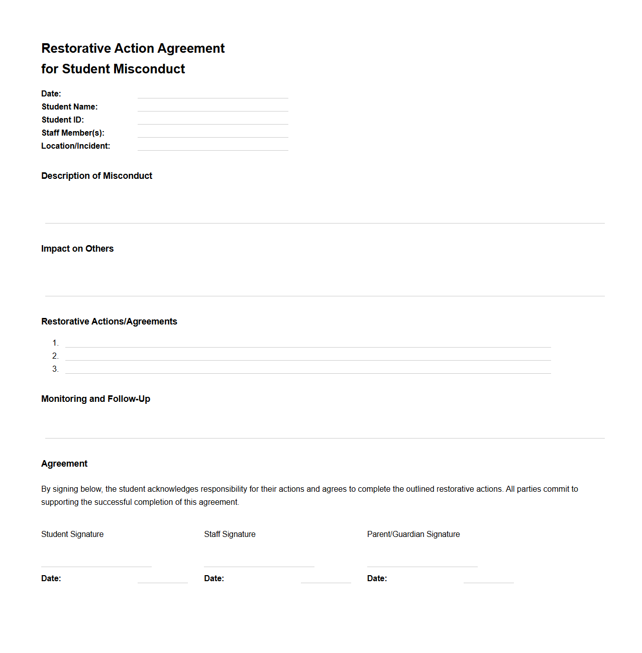 Restorative Action Agreement for Student Misconduct