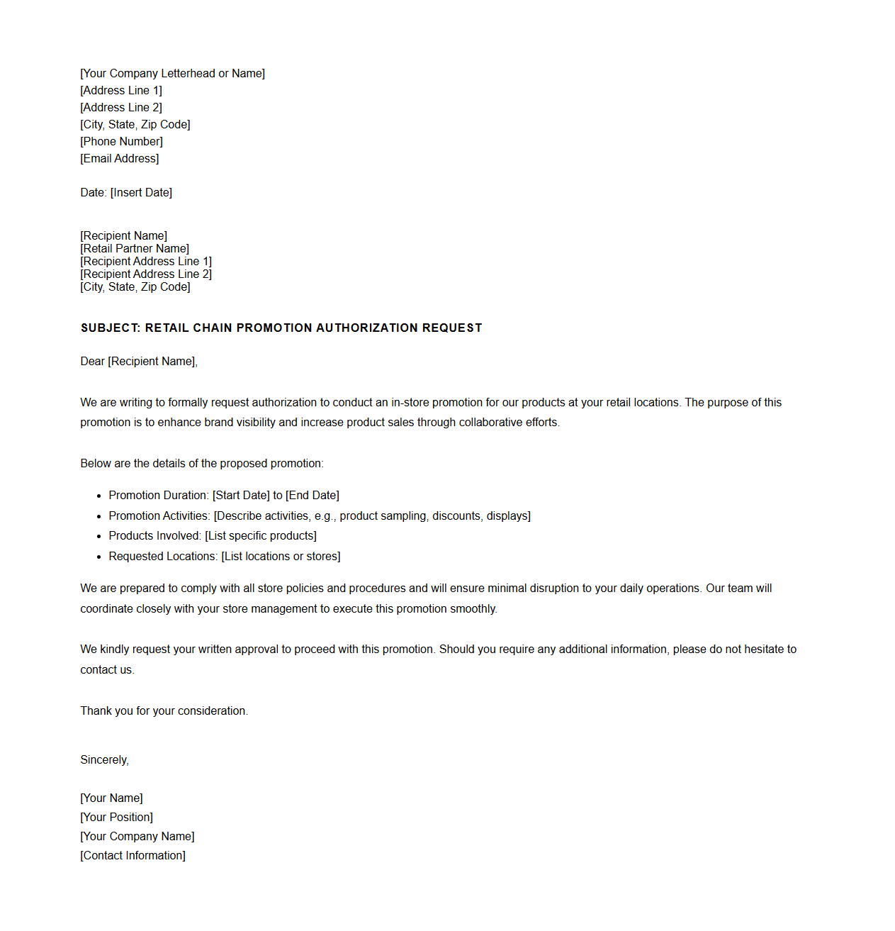 Retail Chain Promotion Authorization Request Letter