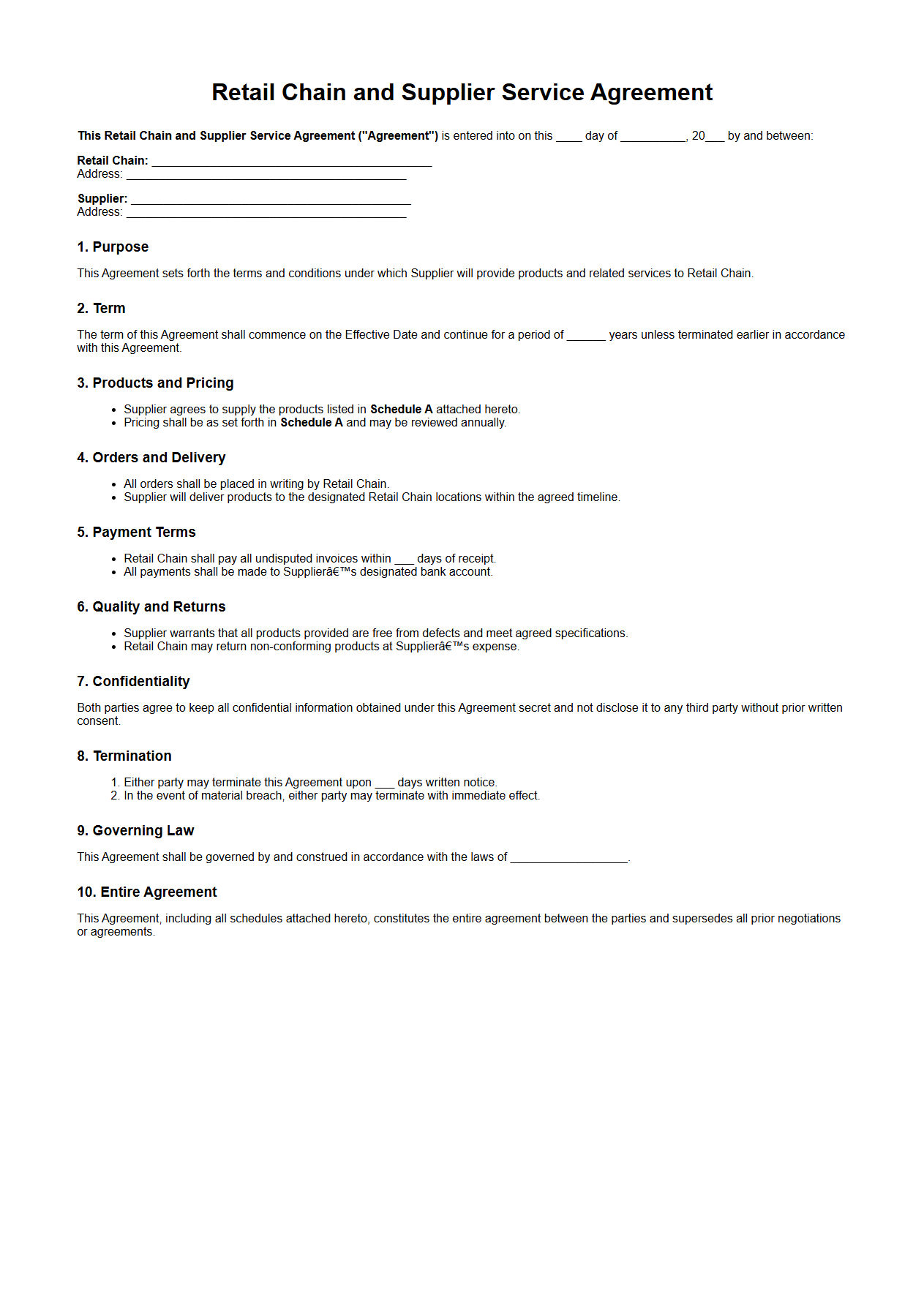 Retail Chain and Supplier Service Agreement Sample