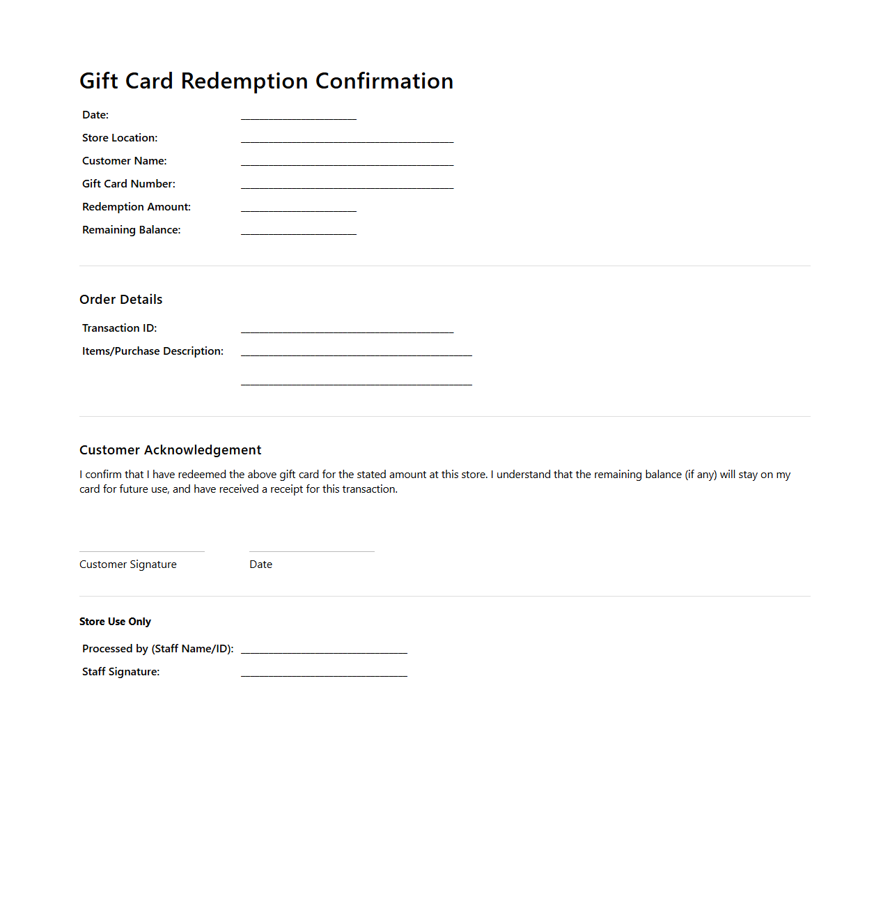 Retail Gift Card Redemption Confirmation Document