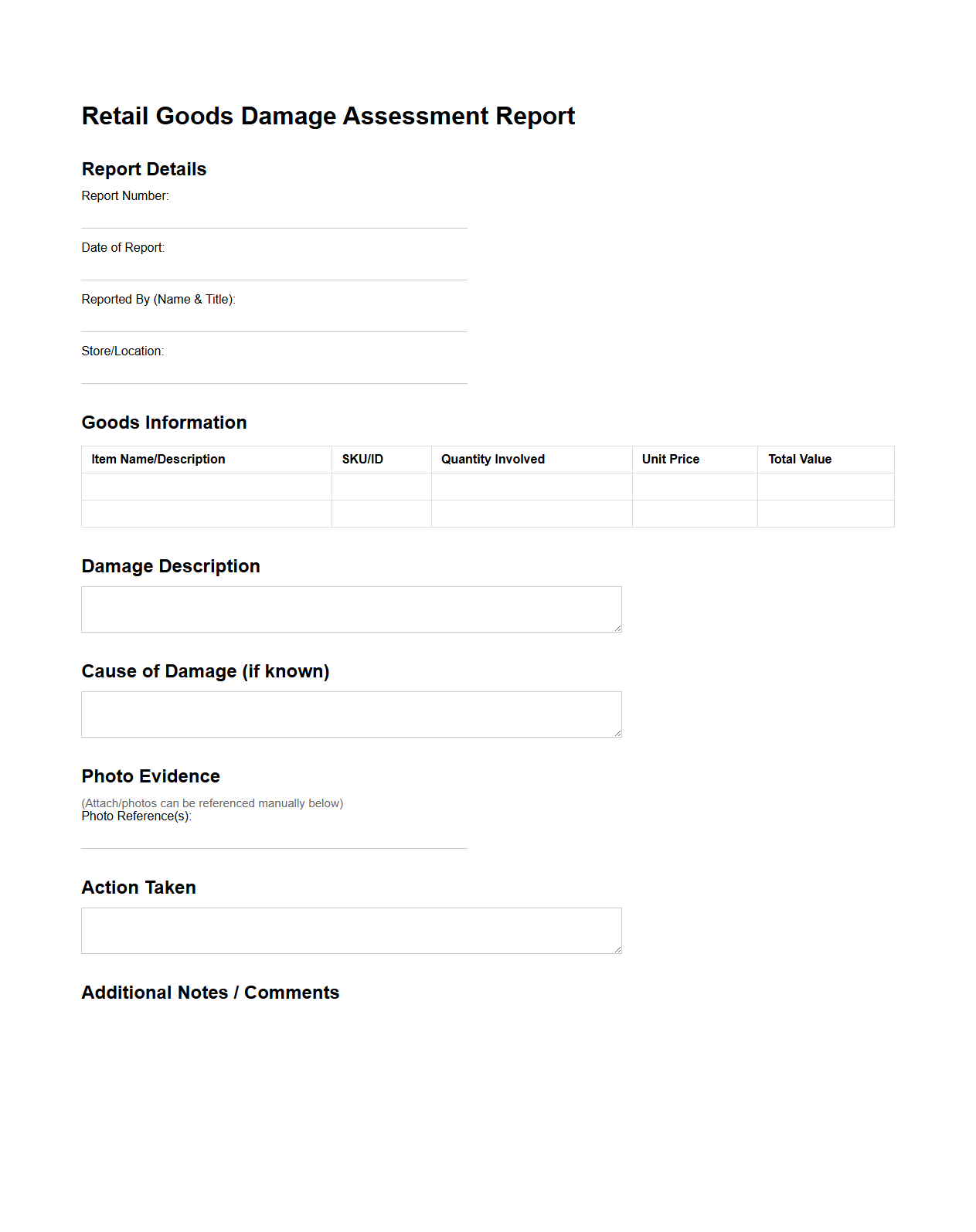Retail Goods Damage Assessment Report Template
