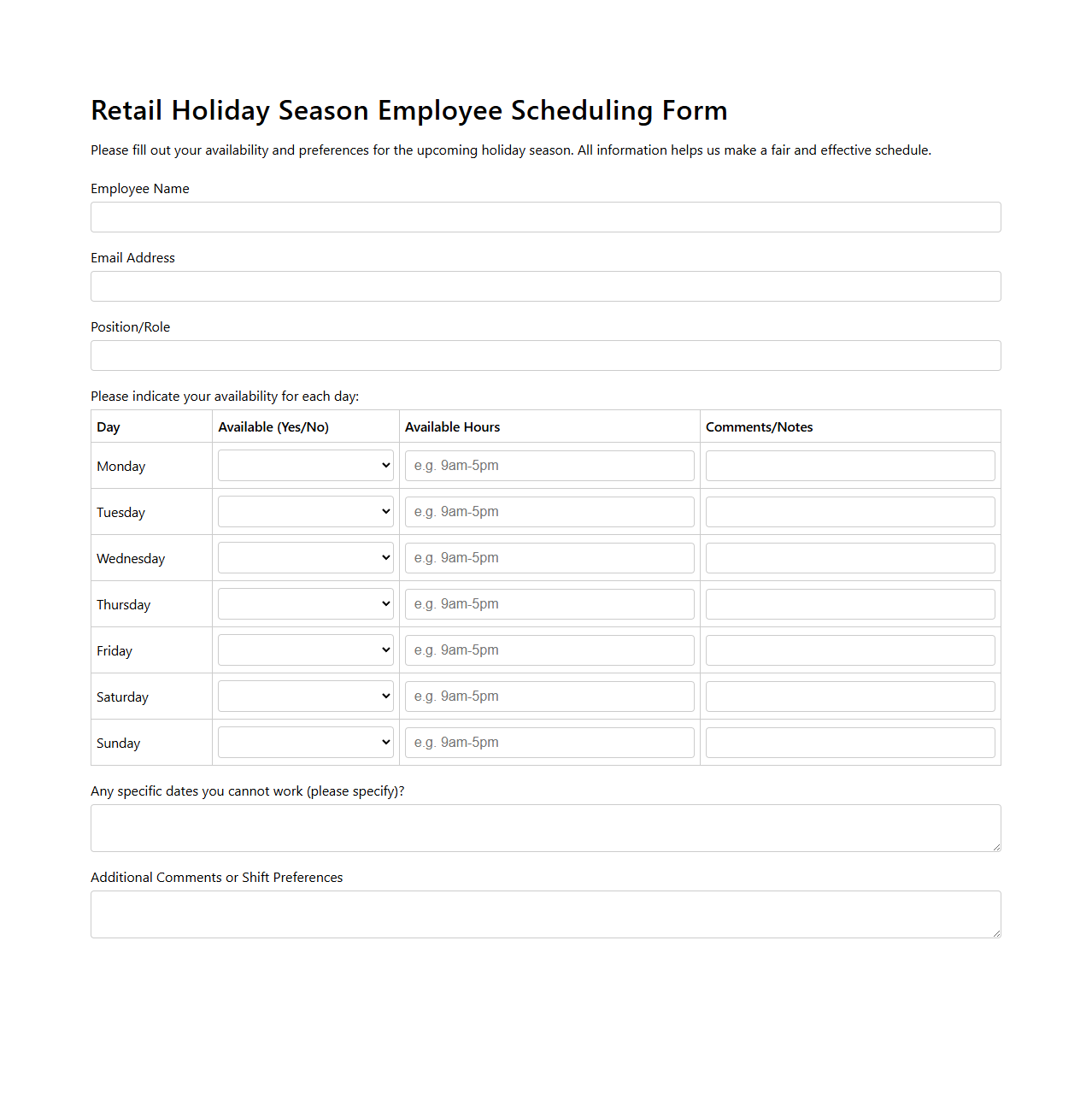 Retail Holiday Season Employee Scheduling Form