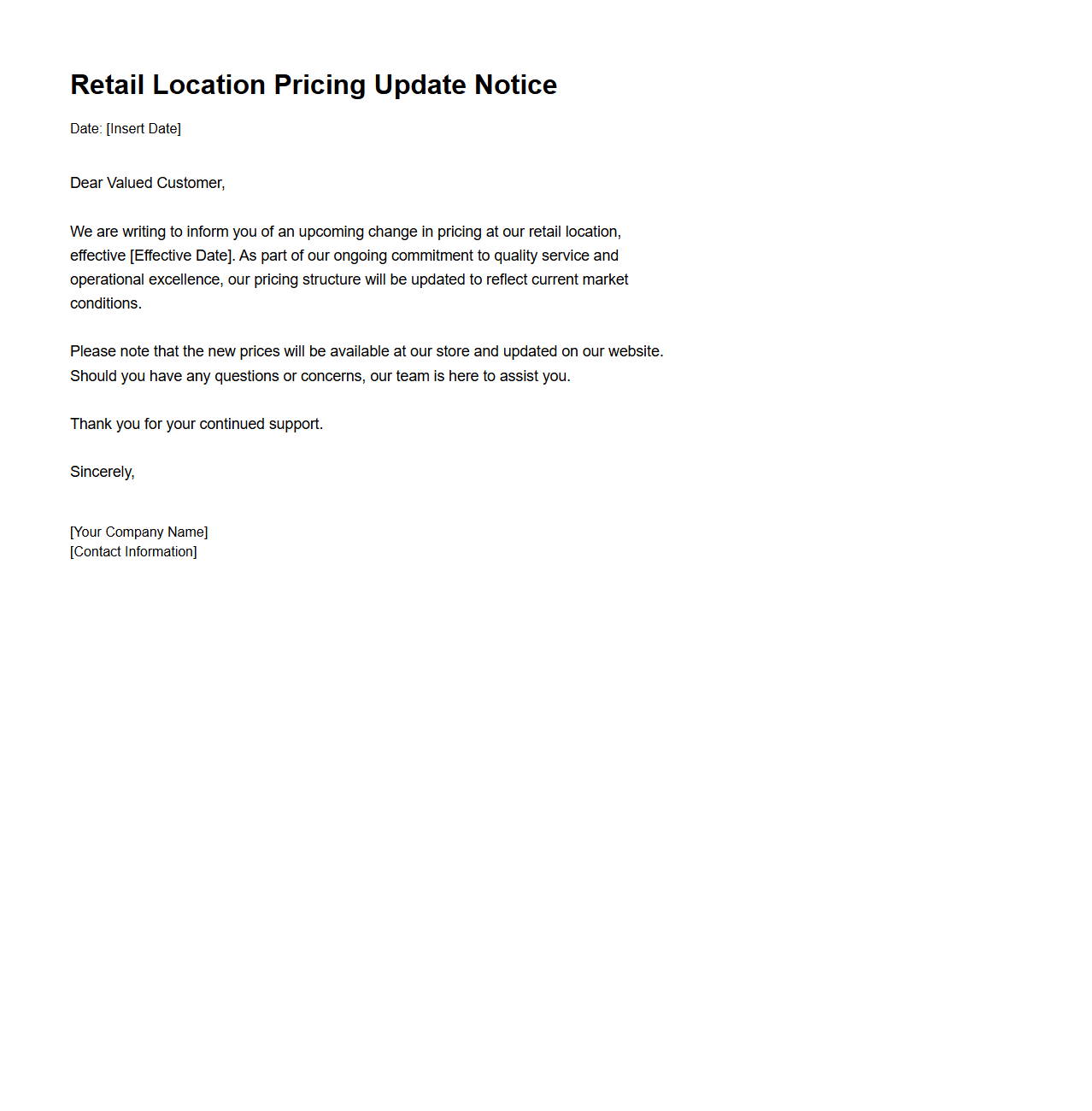 Retail Location Pricing Update Notice Sample