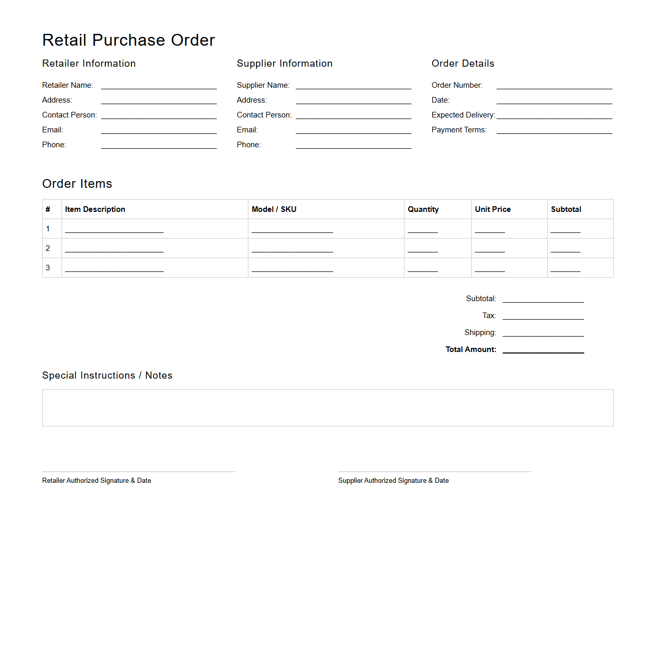 Retail Purchase Order Template for Electronics