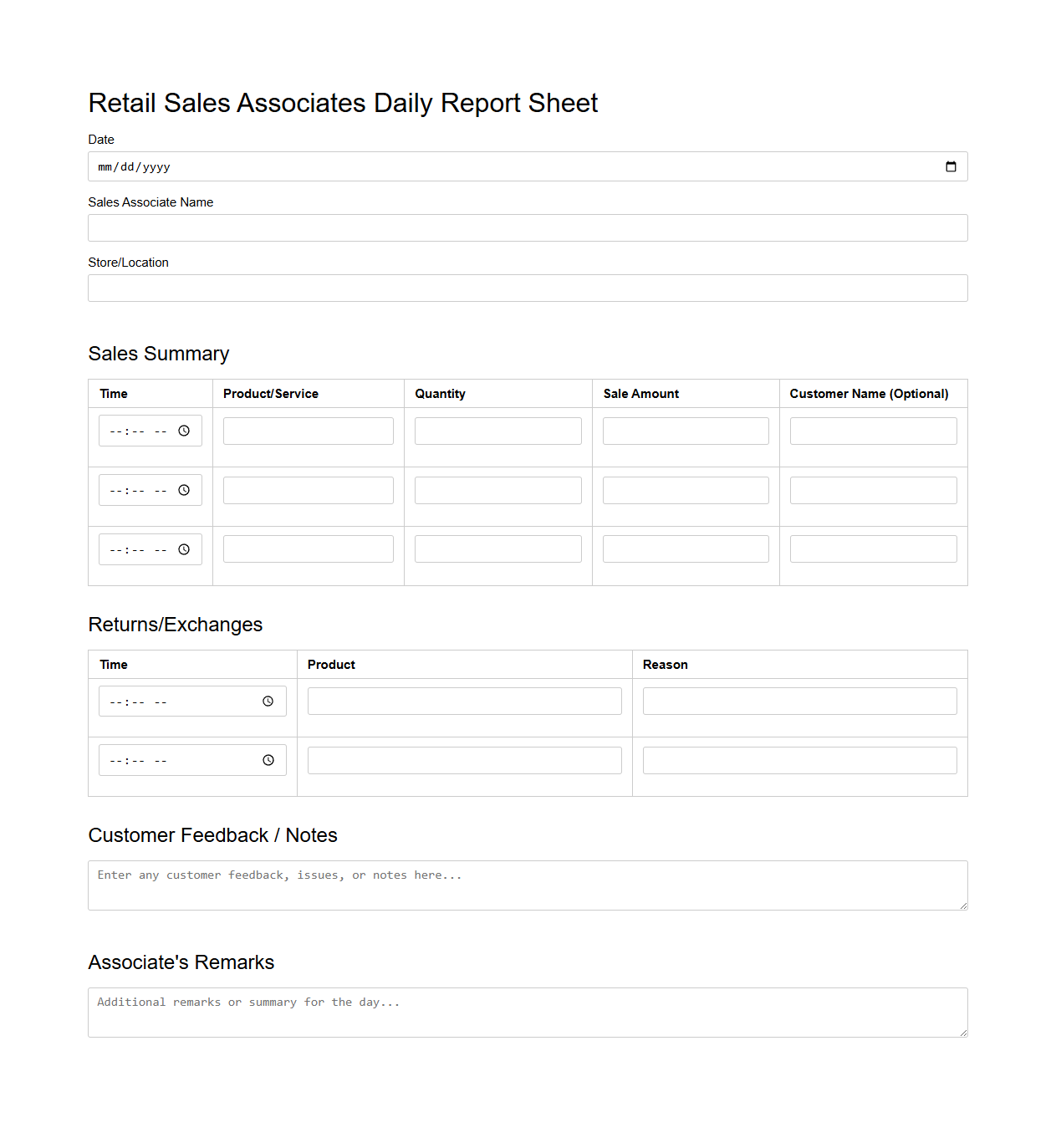 Retail Sales Associates Daily Report Sheet