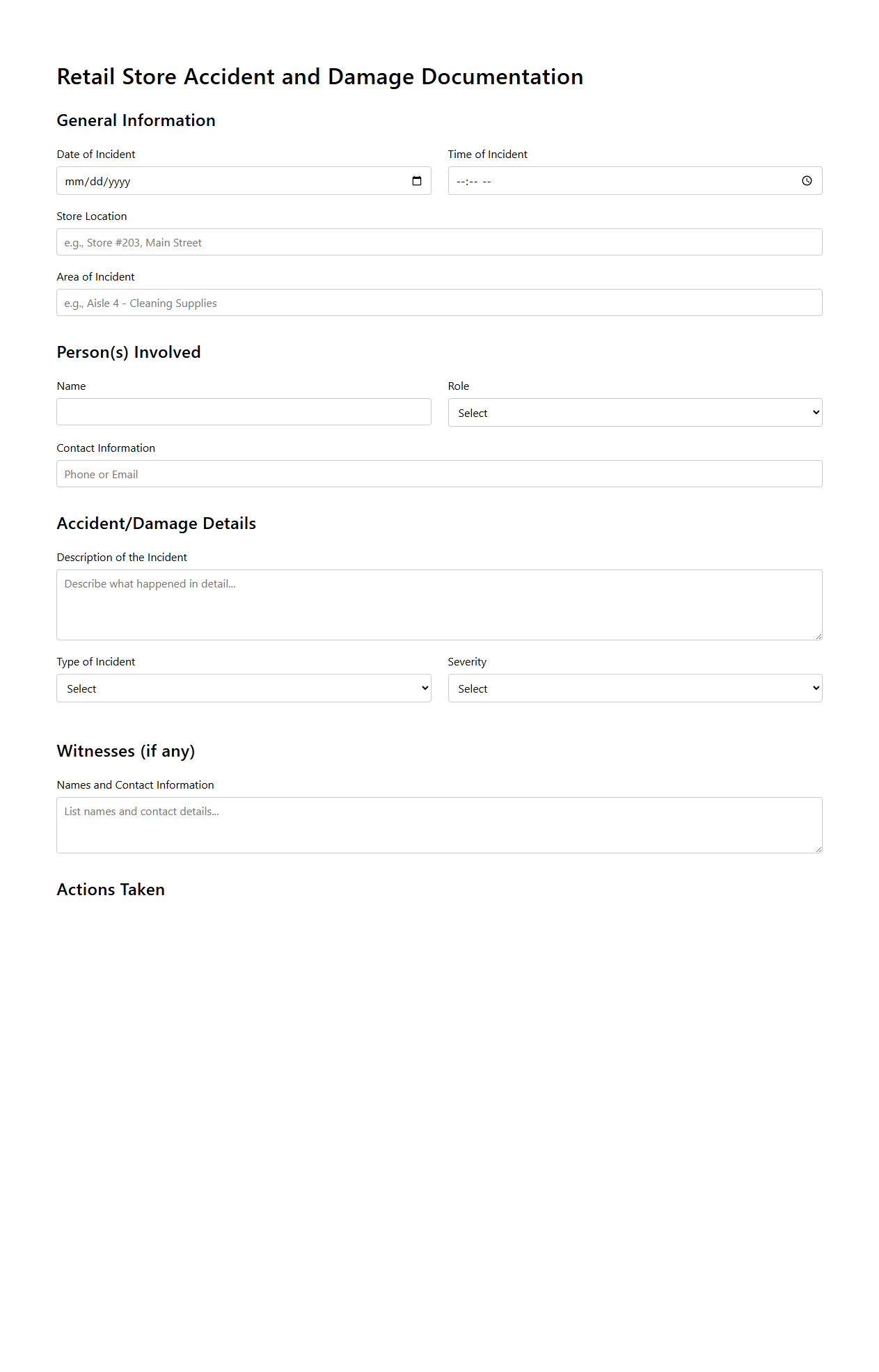Retail Store Accident and Damage Documentation Sample