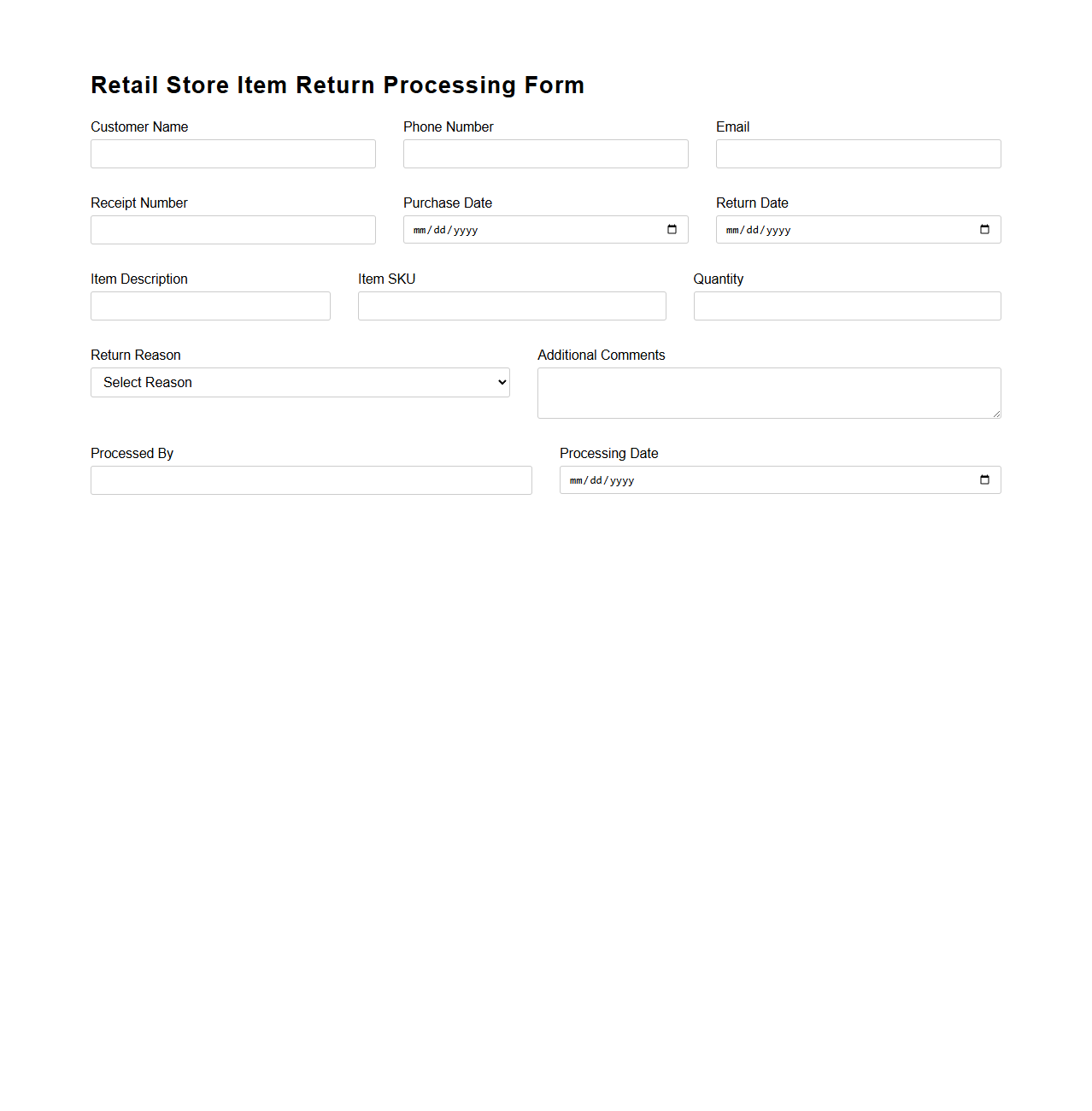 Retail Store Item Return Processing Form