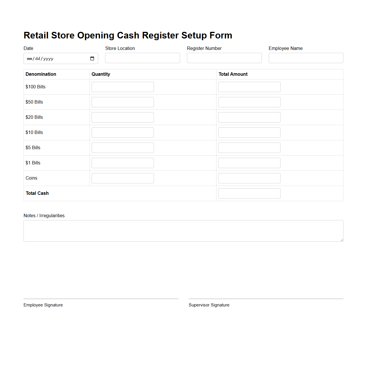 Retail Store Opening Cash Register Setup Form