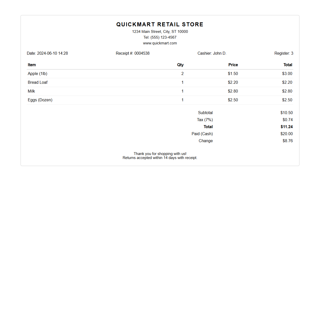Retail Store POS Receipt Example