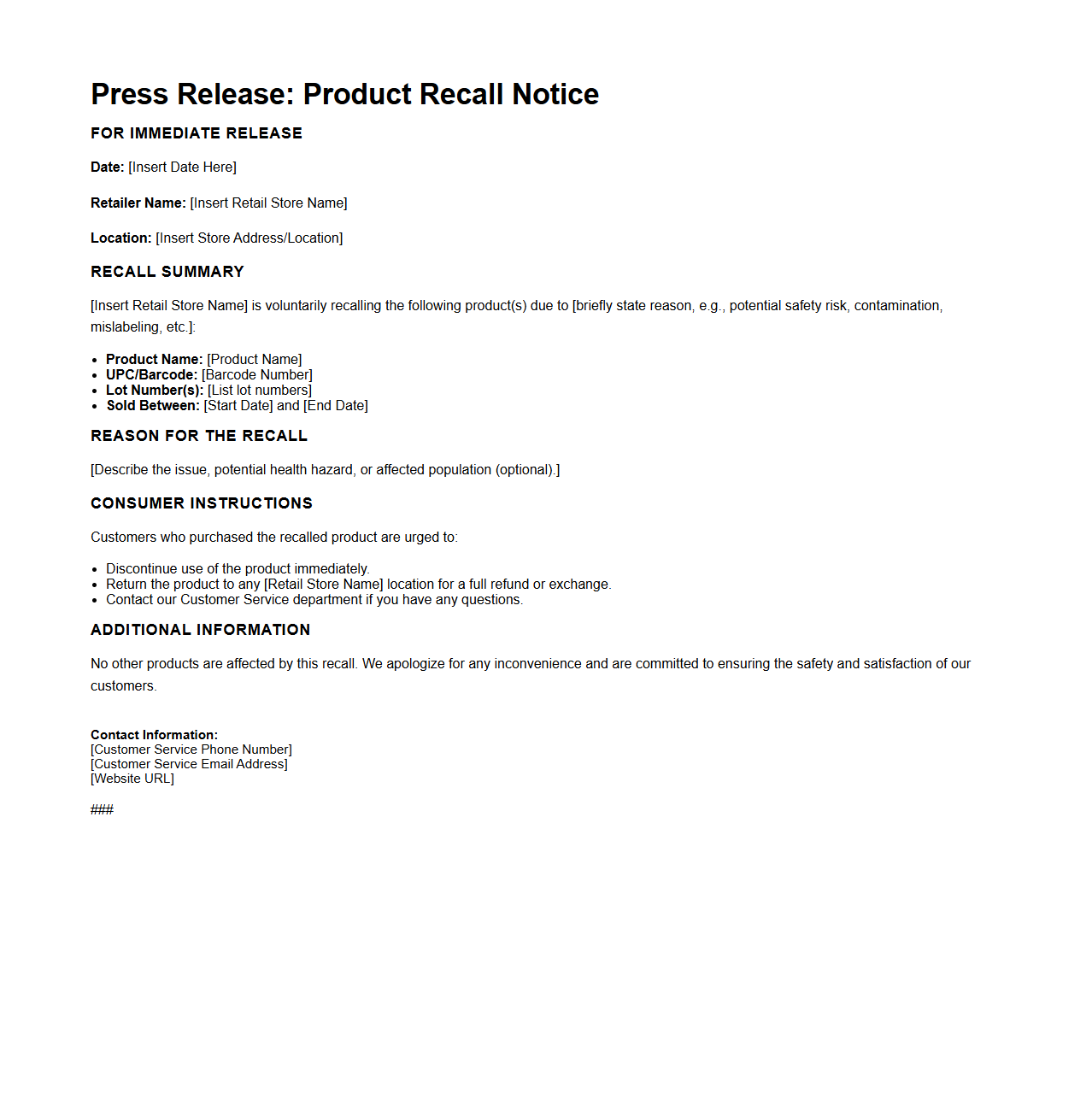 Retail Store Product Recall Press Release Sample
