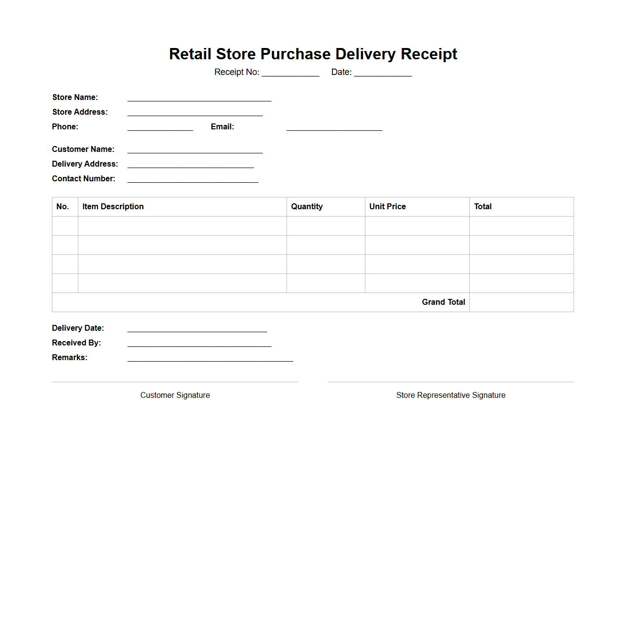 Retail Store Purchase Delivery Receipt