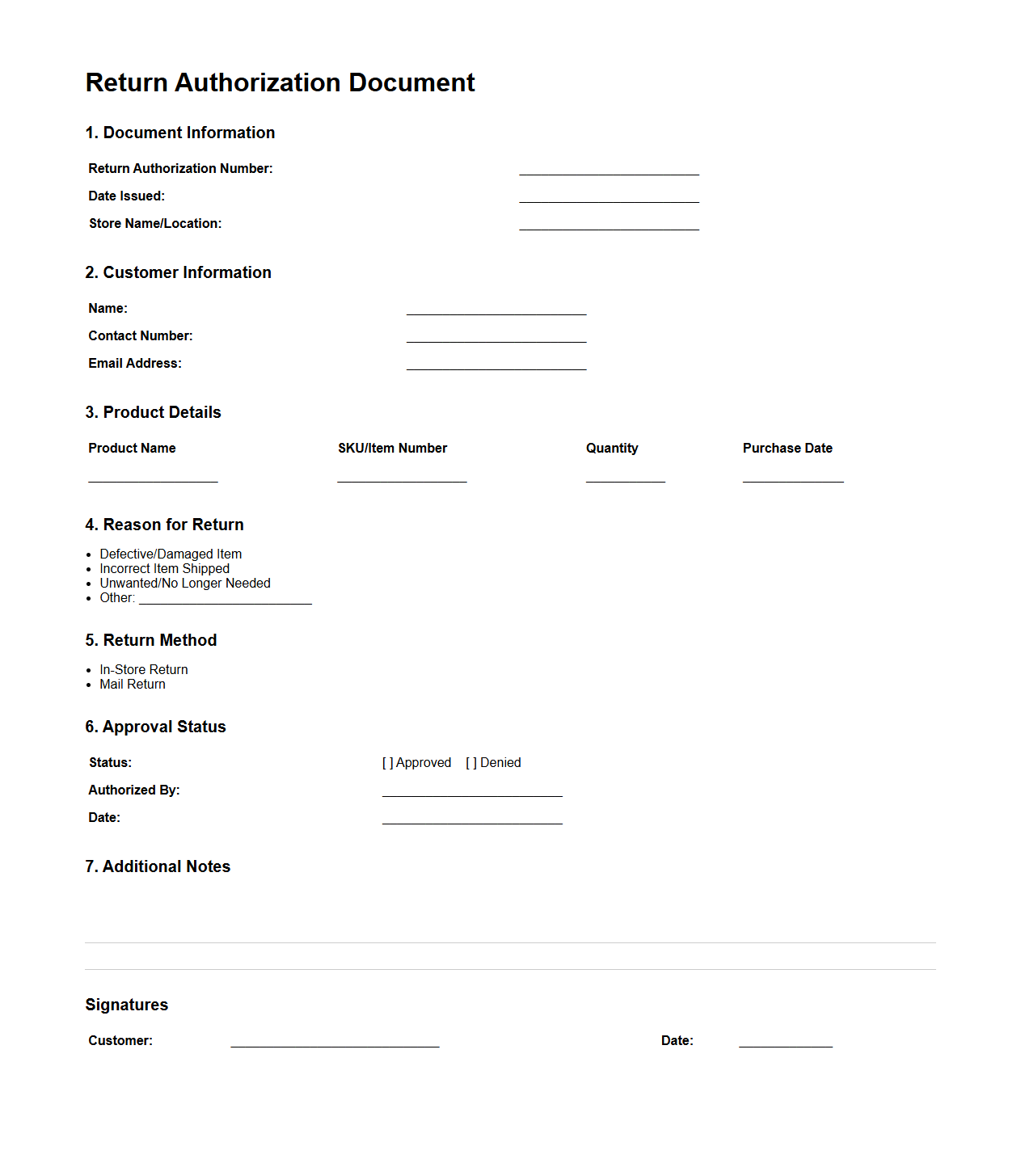 Retail Store Return Authorization Document Outline