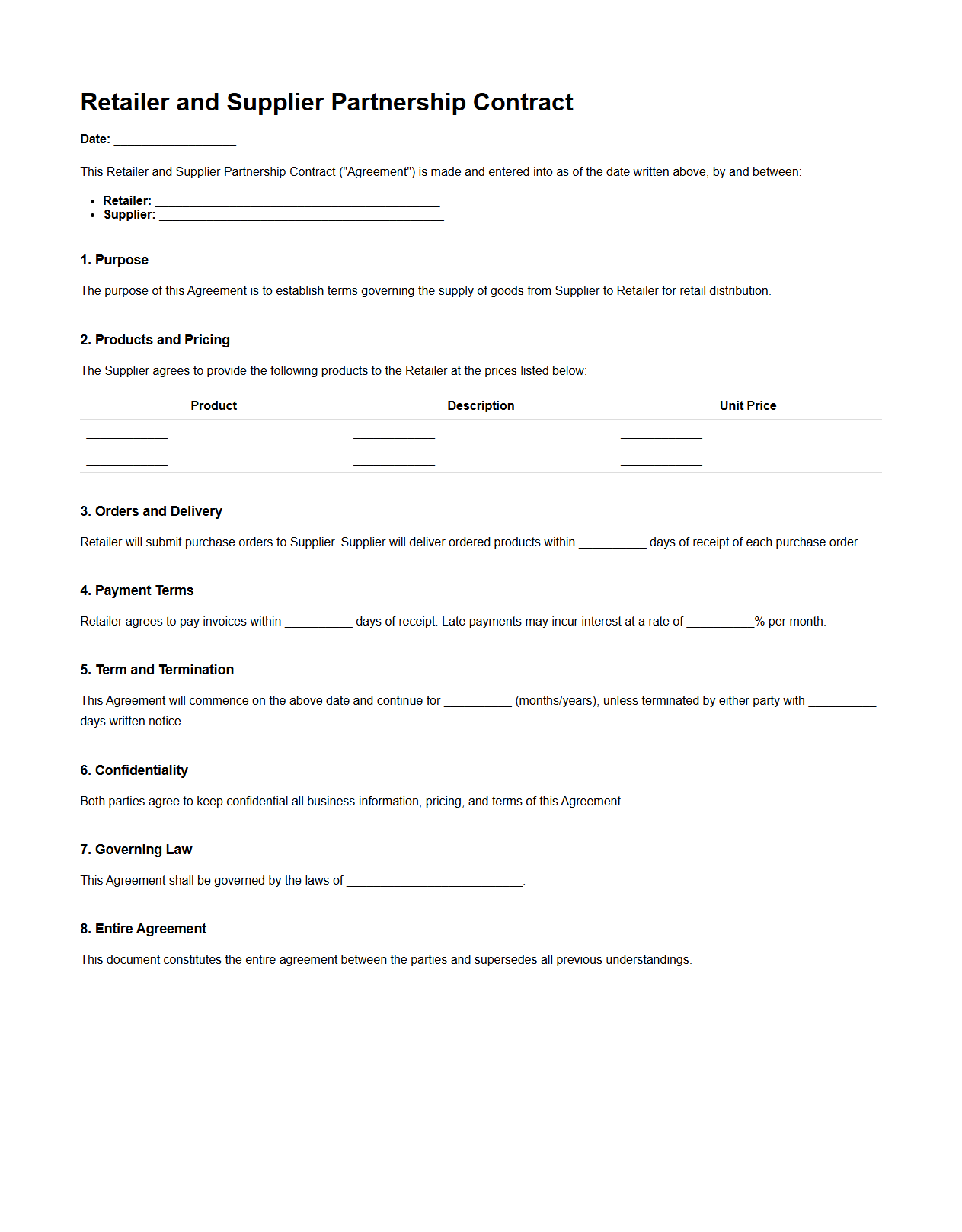 Retailer and Supplier Partnership Contract Sample