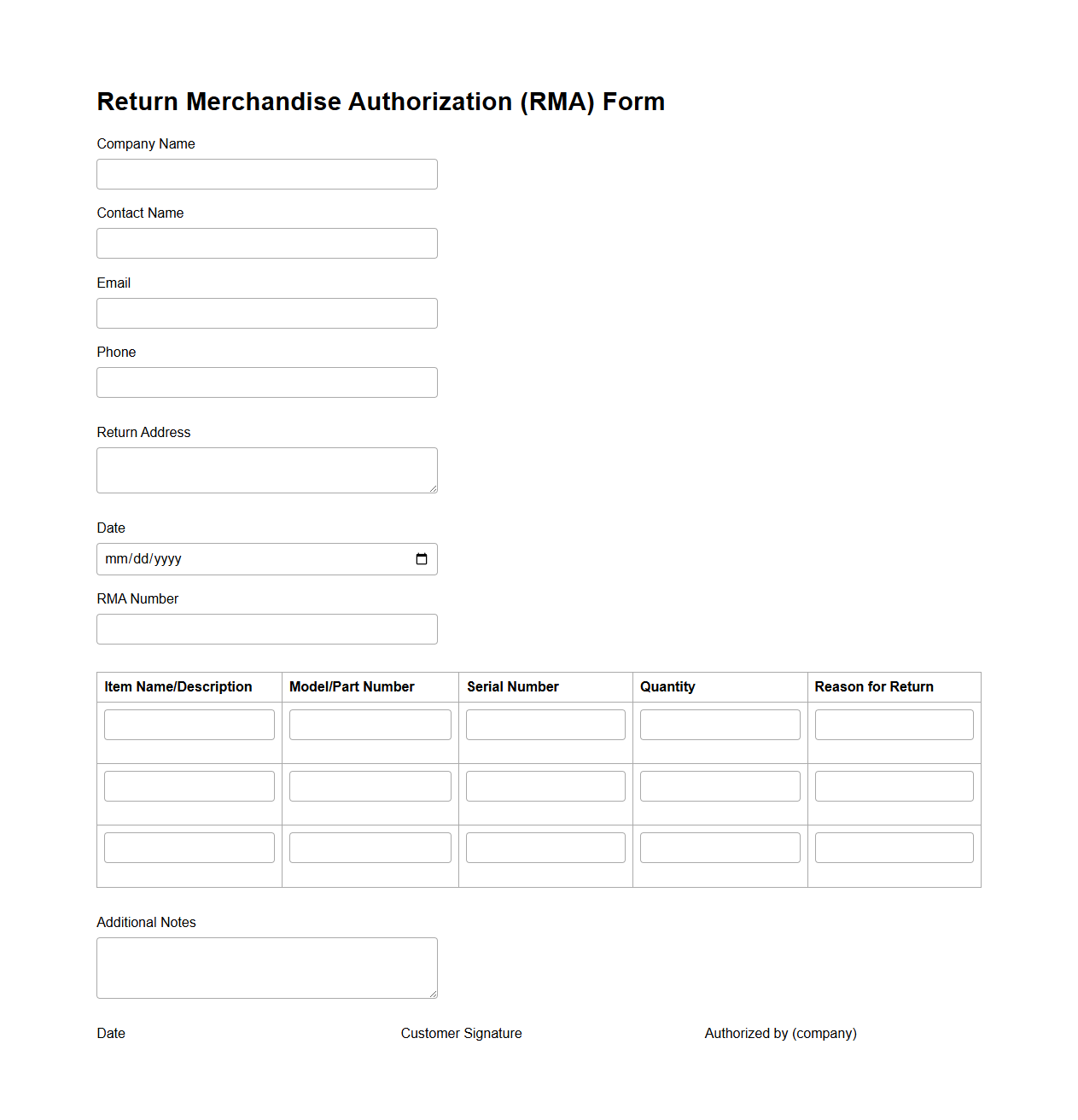 Return Merchandise Authorization (RMA) Form