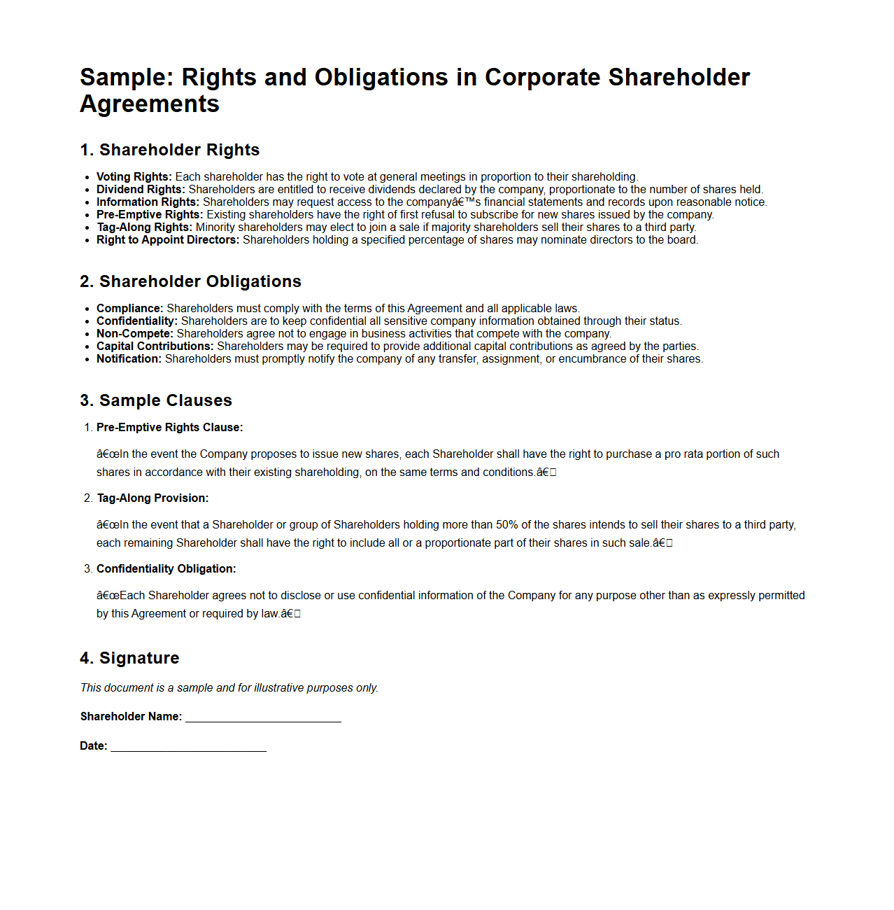 Rights and Obligations in Corporate Shareholder Agreements
