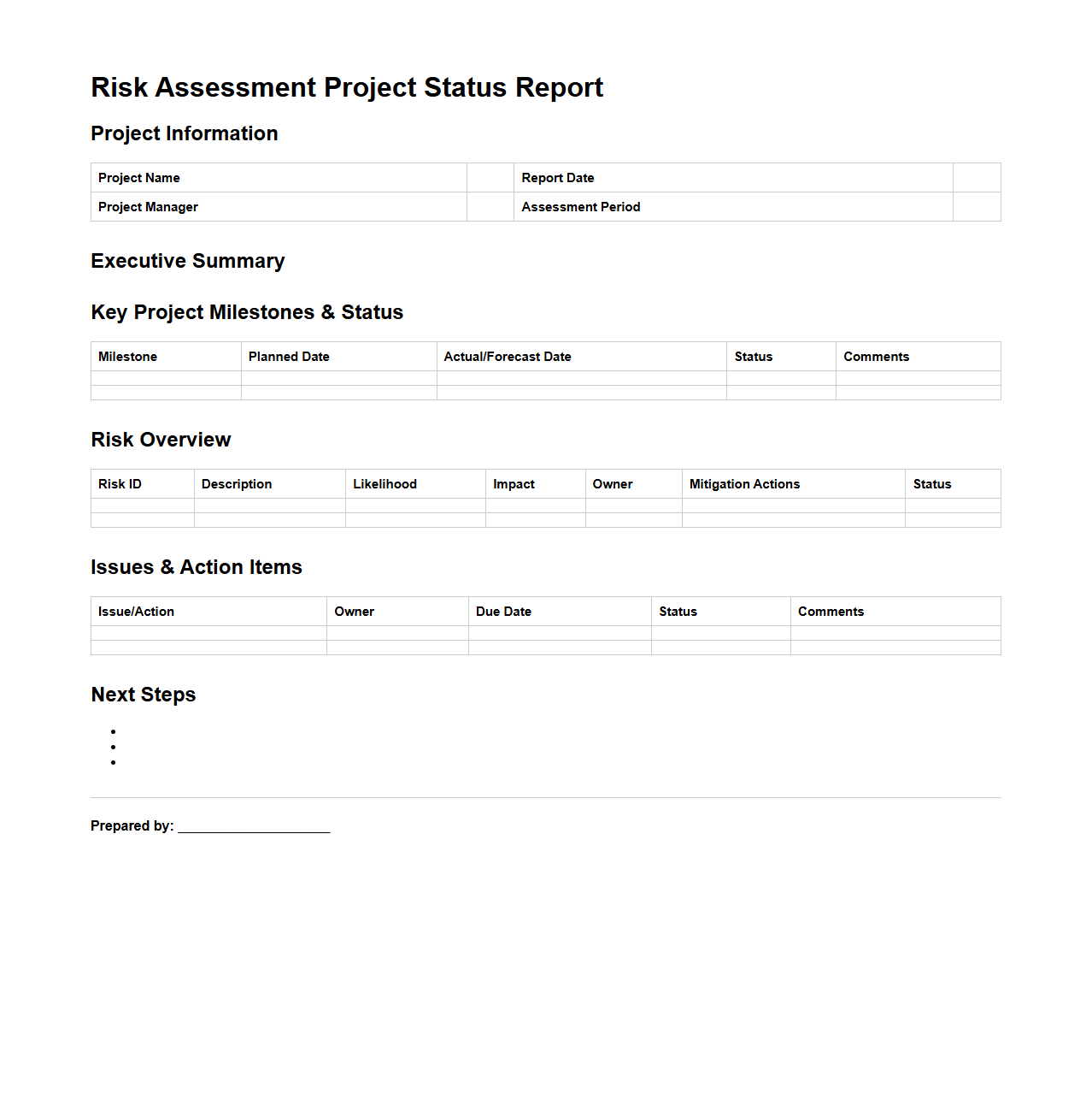 Risk Assessment Project Status Report Format