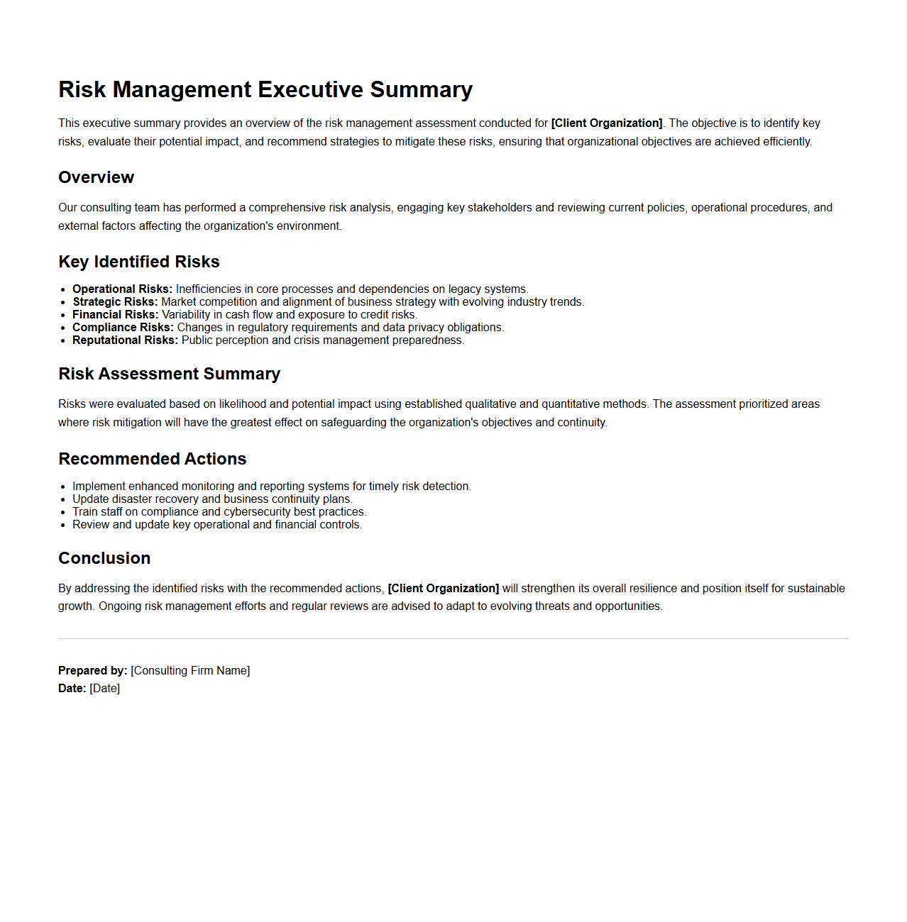 Risk Management Executive Summary Sample for Consulting