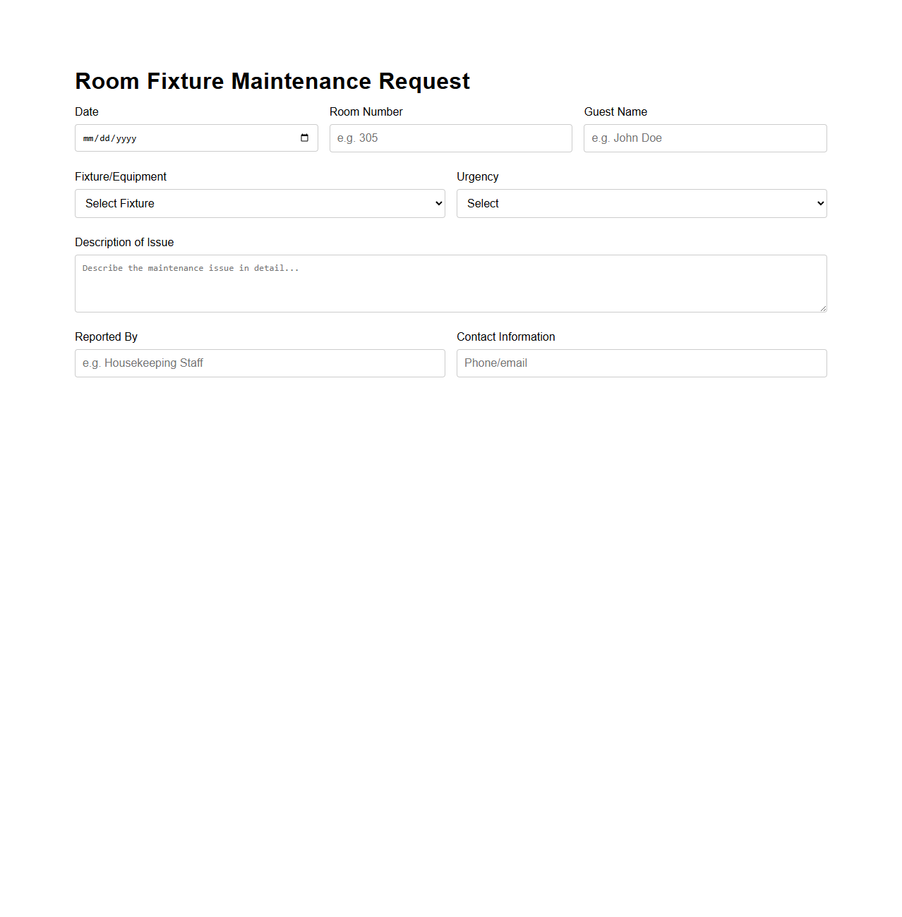 Room Fixture Maintenance Request Sample for Hotel Facilities