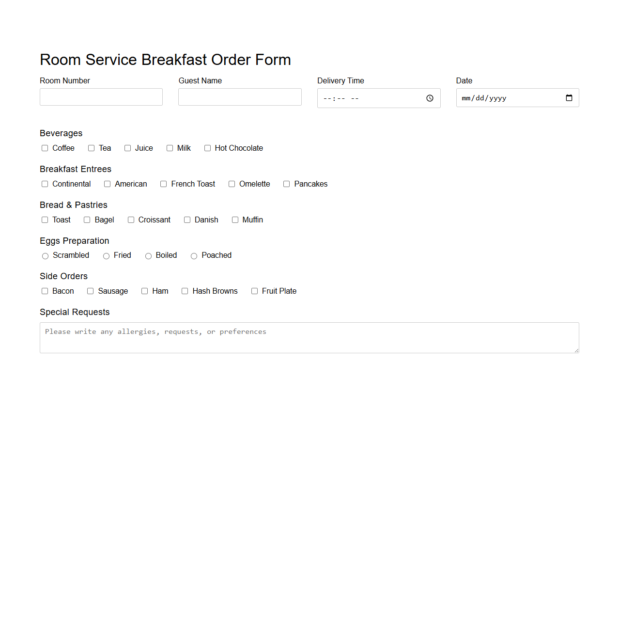 Room Service Breakfast Order Form