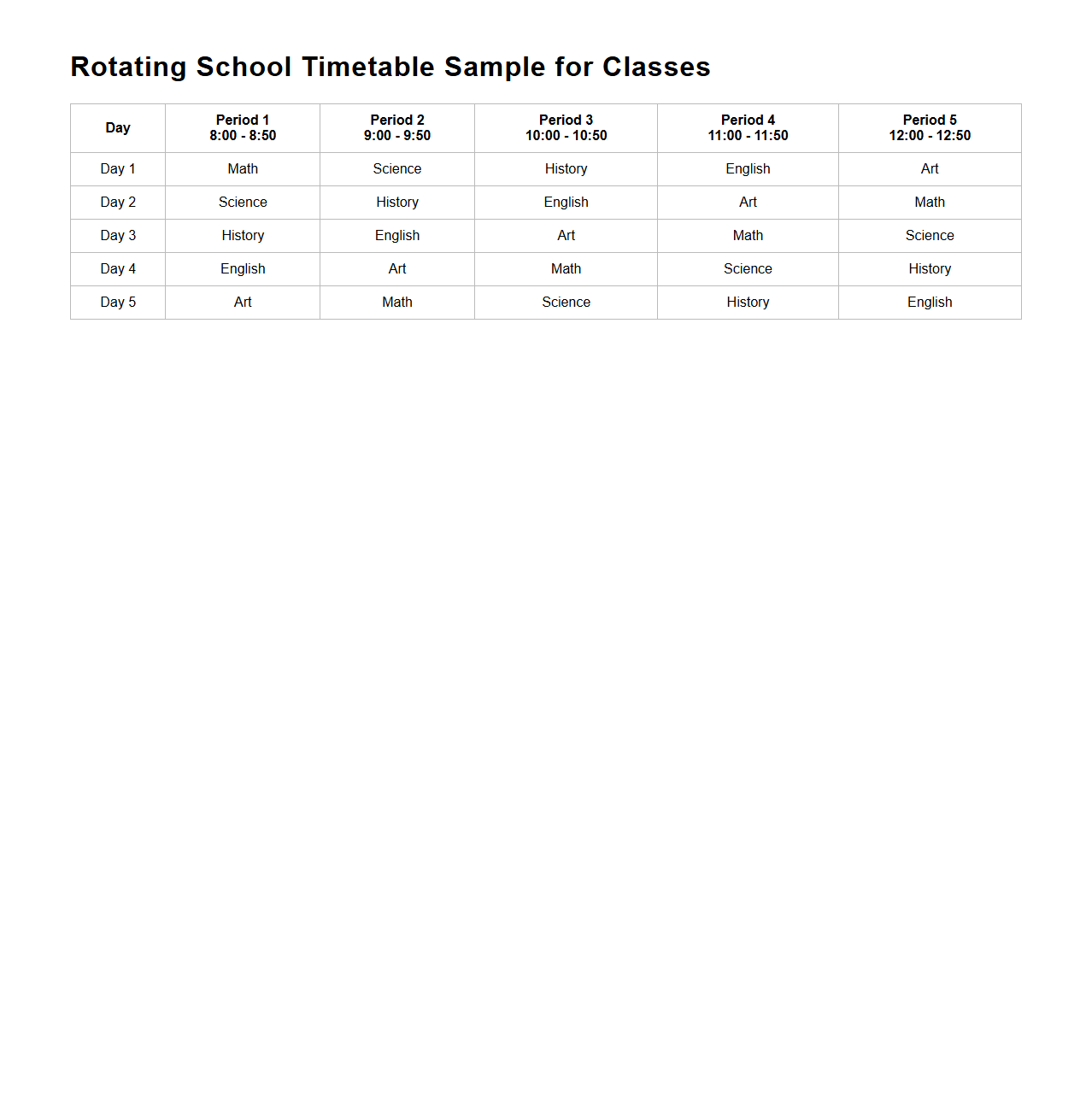 Rotating School Timetable Sample for Classes