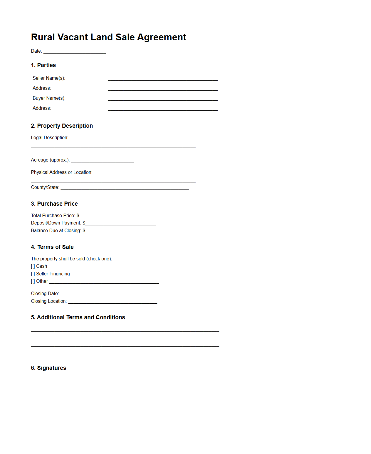 Rural Vacant Land Sale Agreement Template