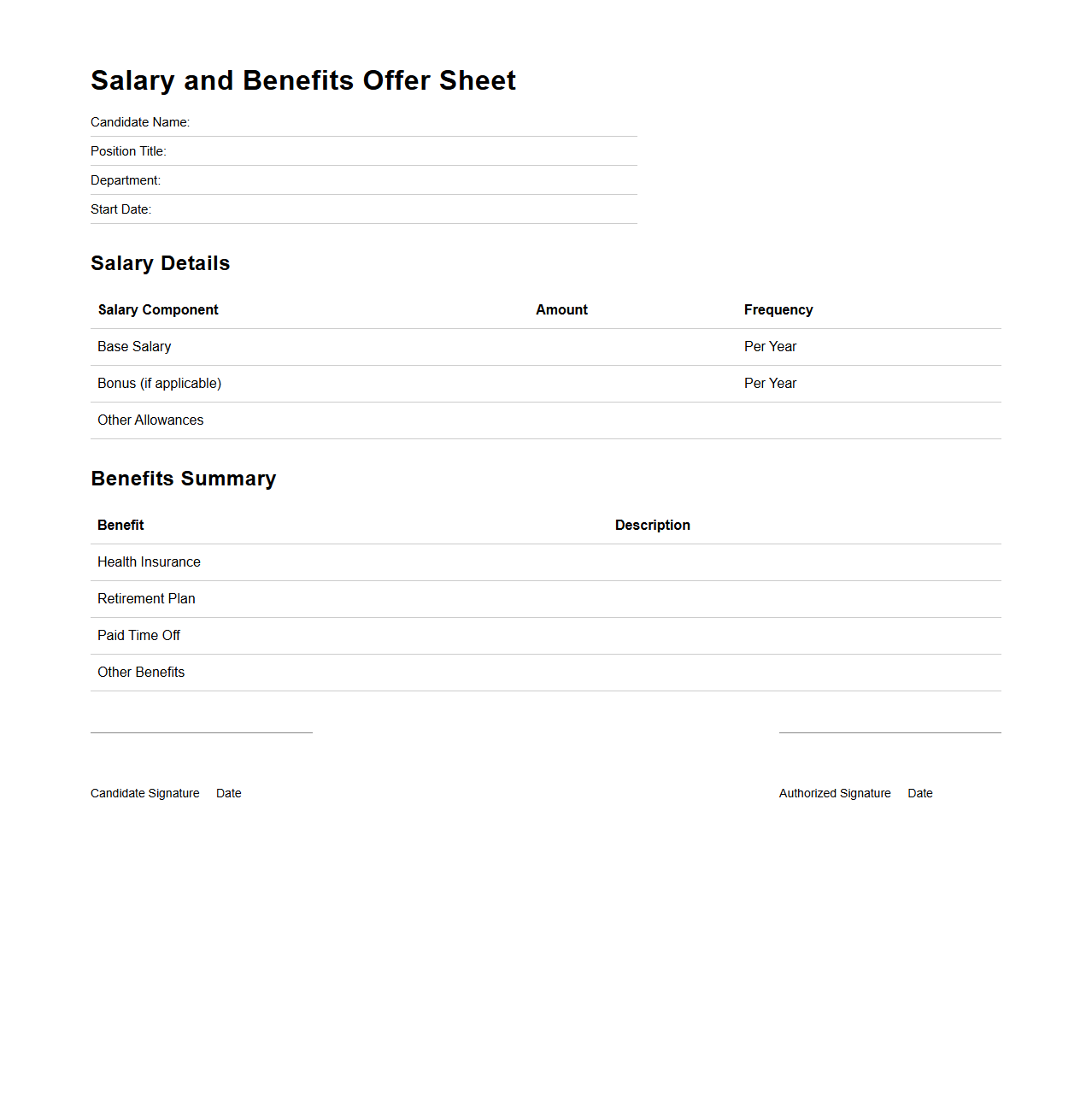 Salary and Benefits Offer Sheet