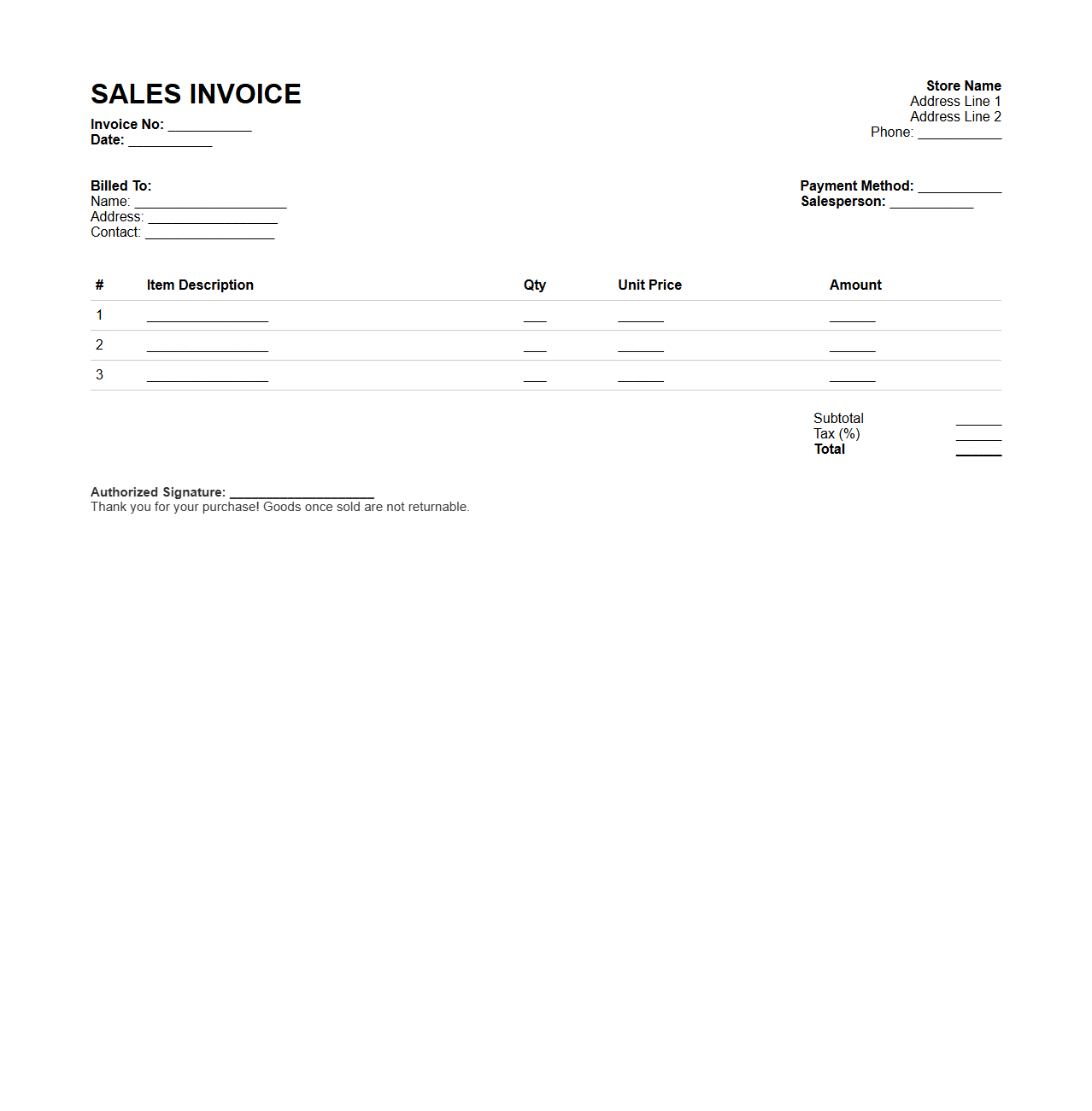 Sales Invoice Format for Retail Transactions