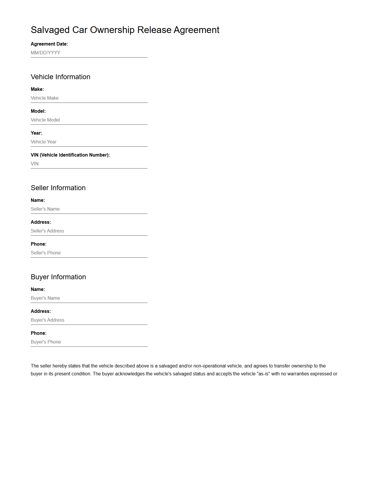 Salvaged Car Ownership Release Agreement