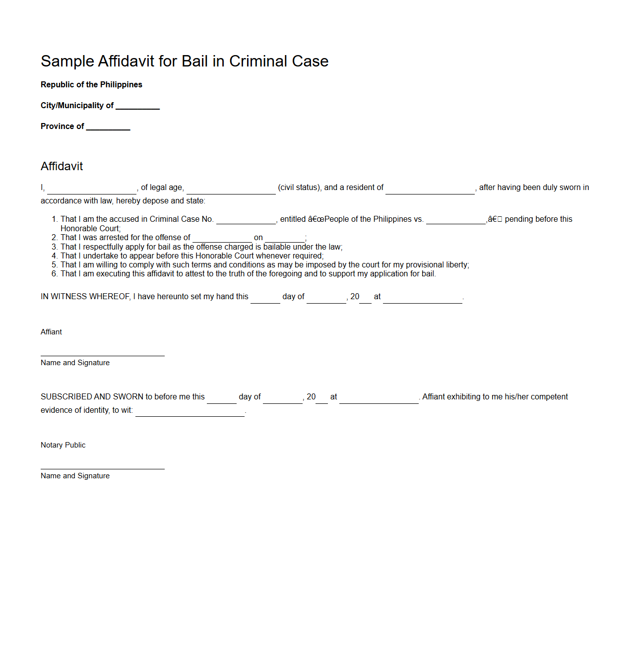 Sample Affidavit for Bail in Criminal Case