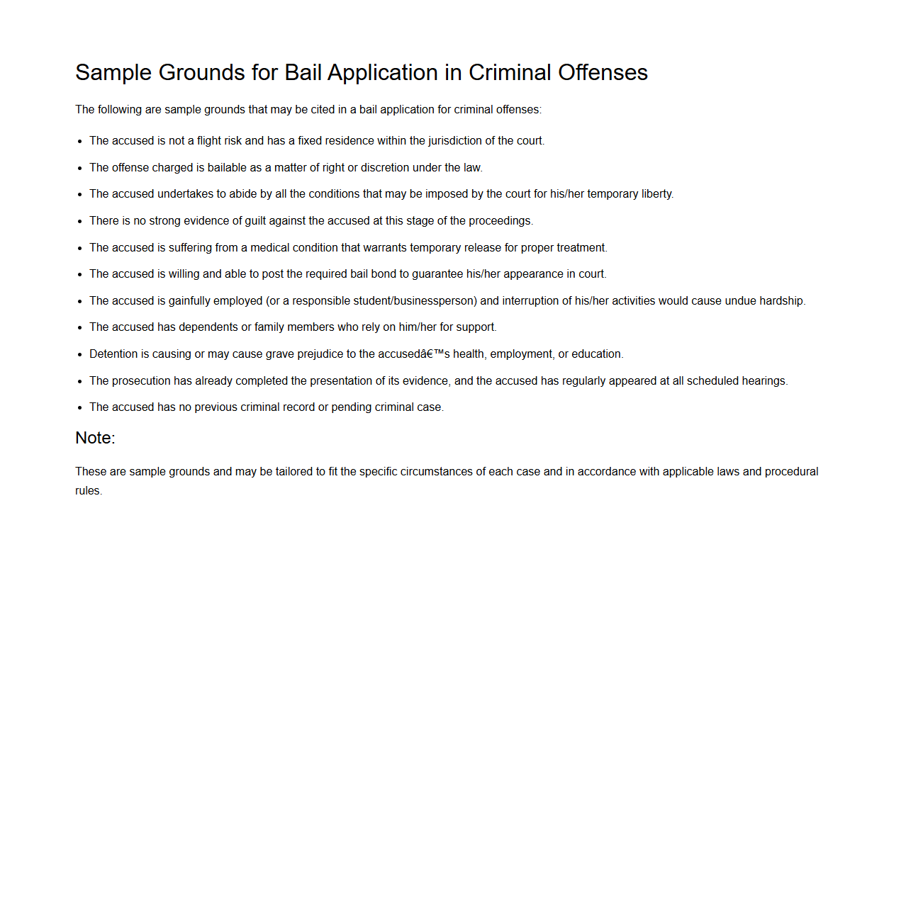 Sample Grounds for Bail Application in Criminal Offenses