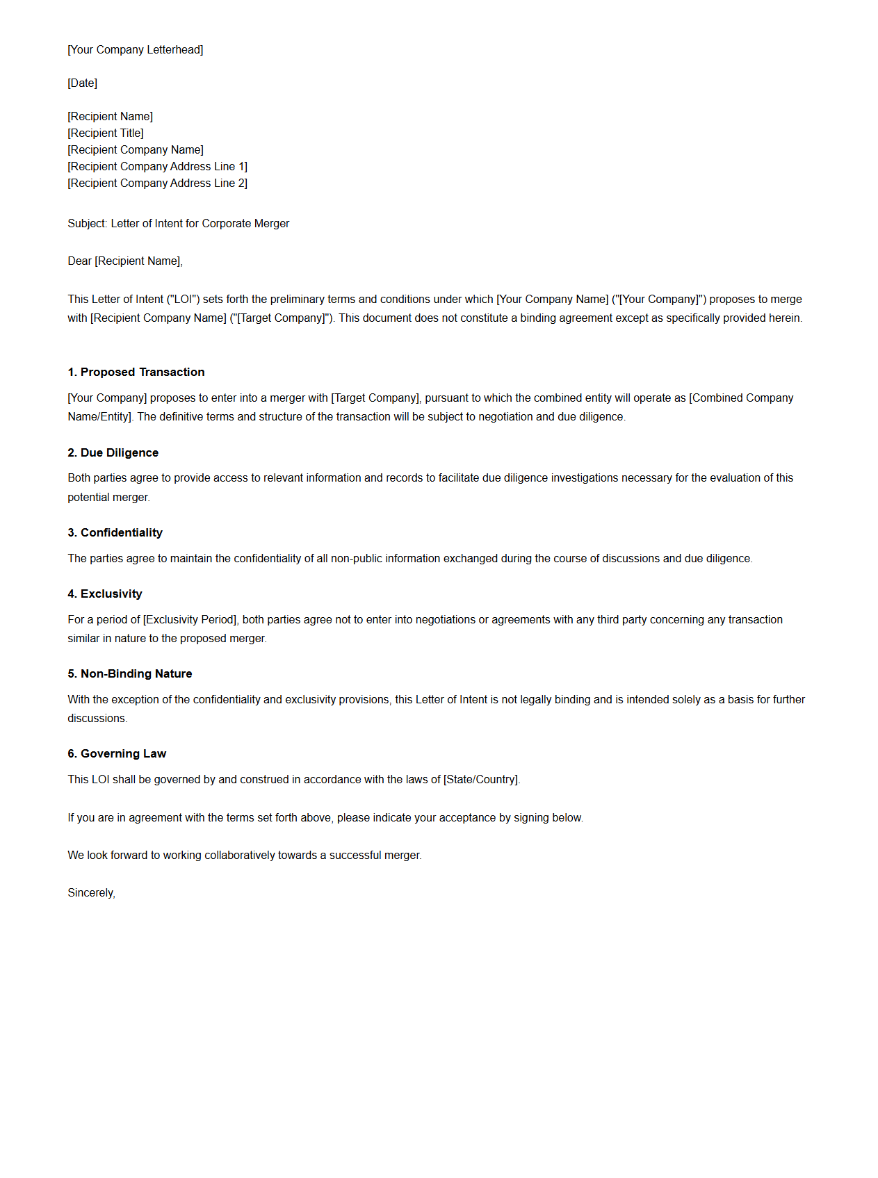 Sample Letter of Intent for Corporate Merger