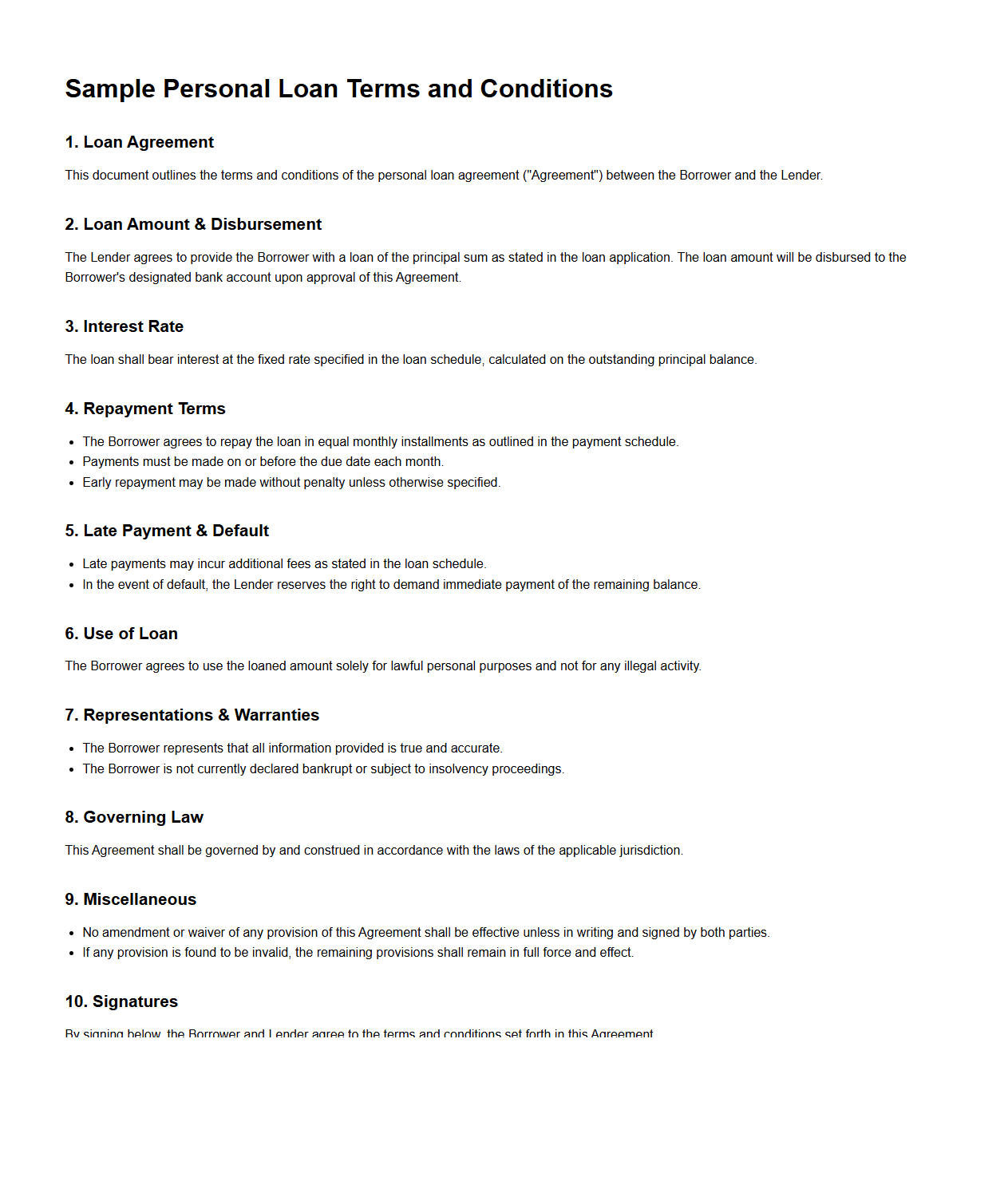 Sample Personal Loan Terms and Conditions