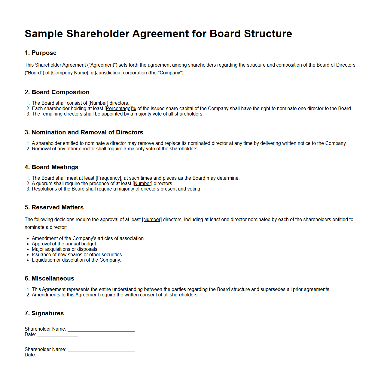 Sample Shareholder Agreement for Board Structure