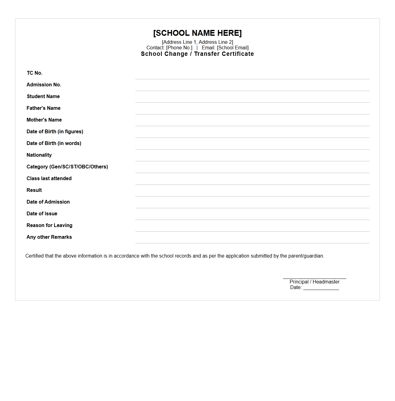 School Change Transfer Certificate Specimen