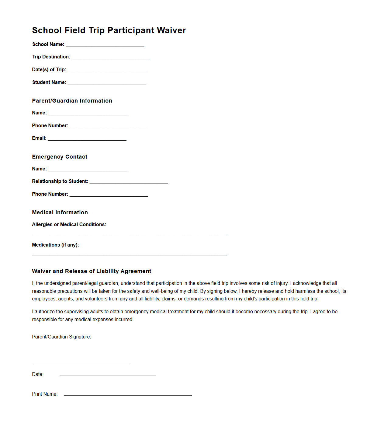 School Field Trip Participant Waiver Template