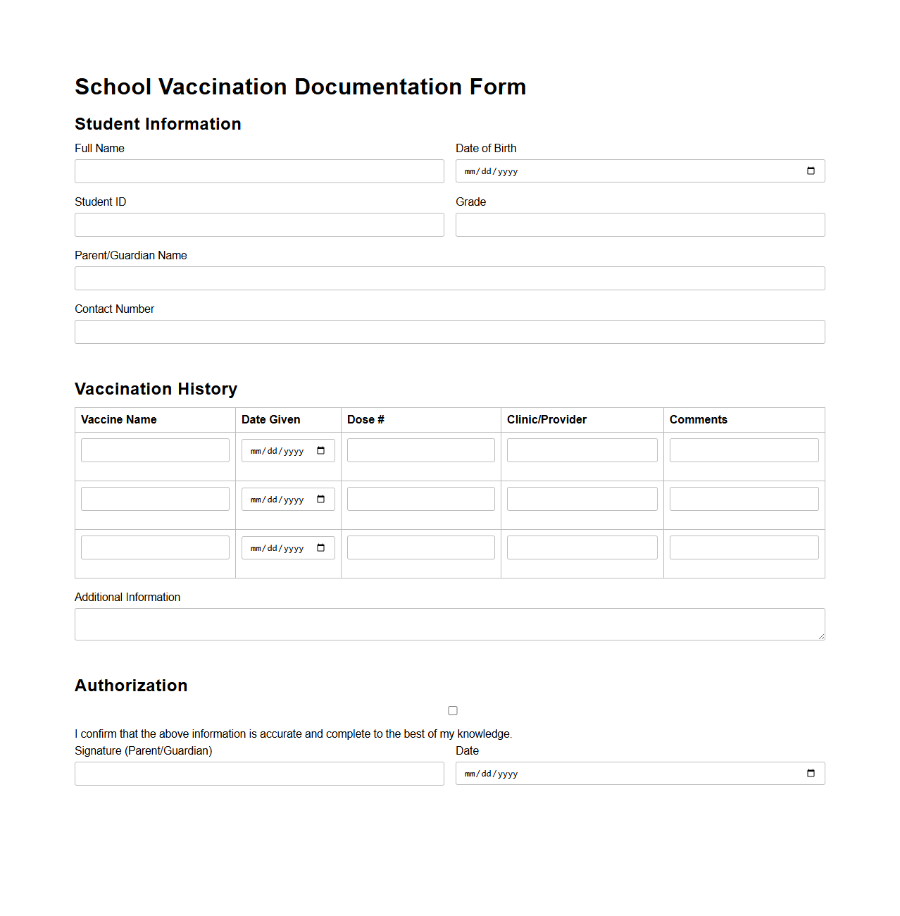 School Vaccination Documentation Form