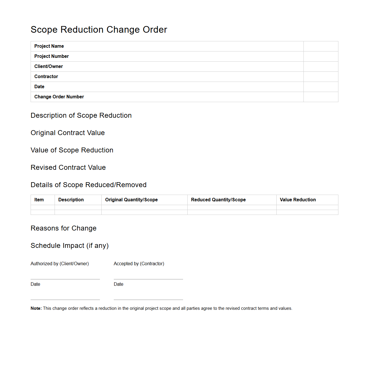 Scope Reduction Change Order Sample for Projects