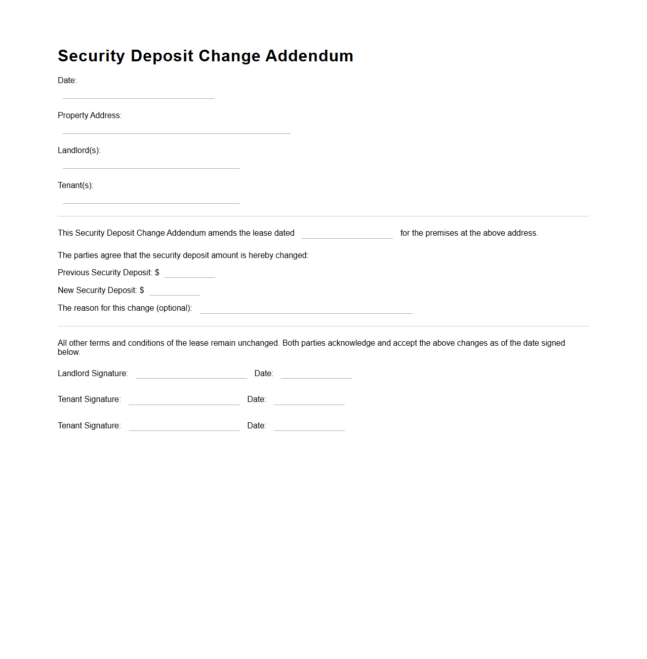 Security Deposit Change Addendum for Lease