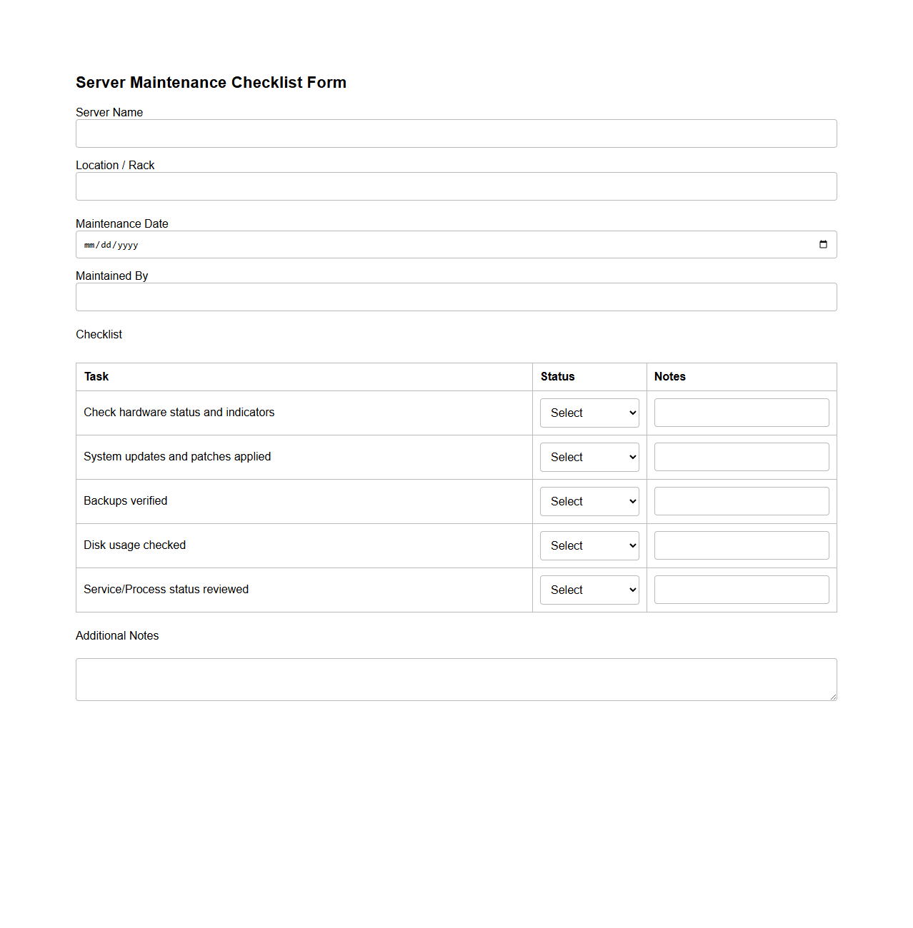 Server Maintenance Checklist Form