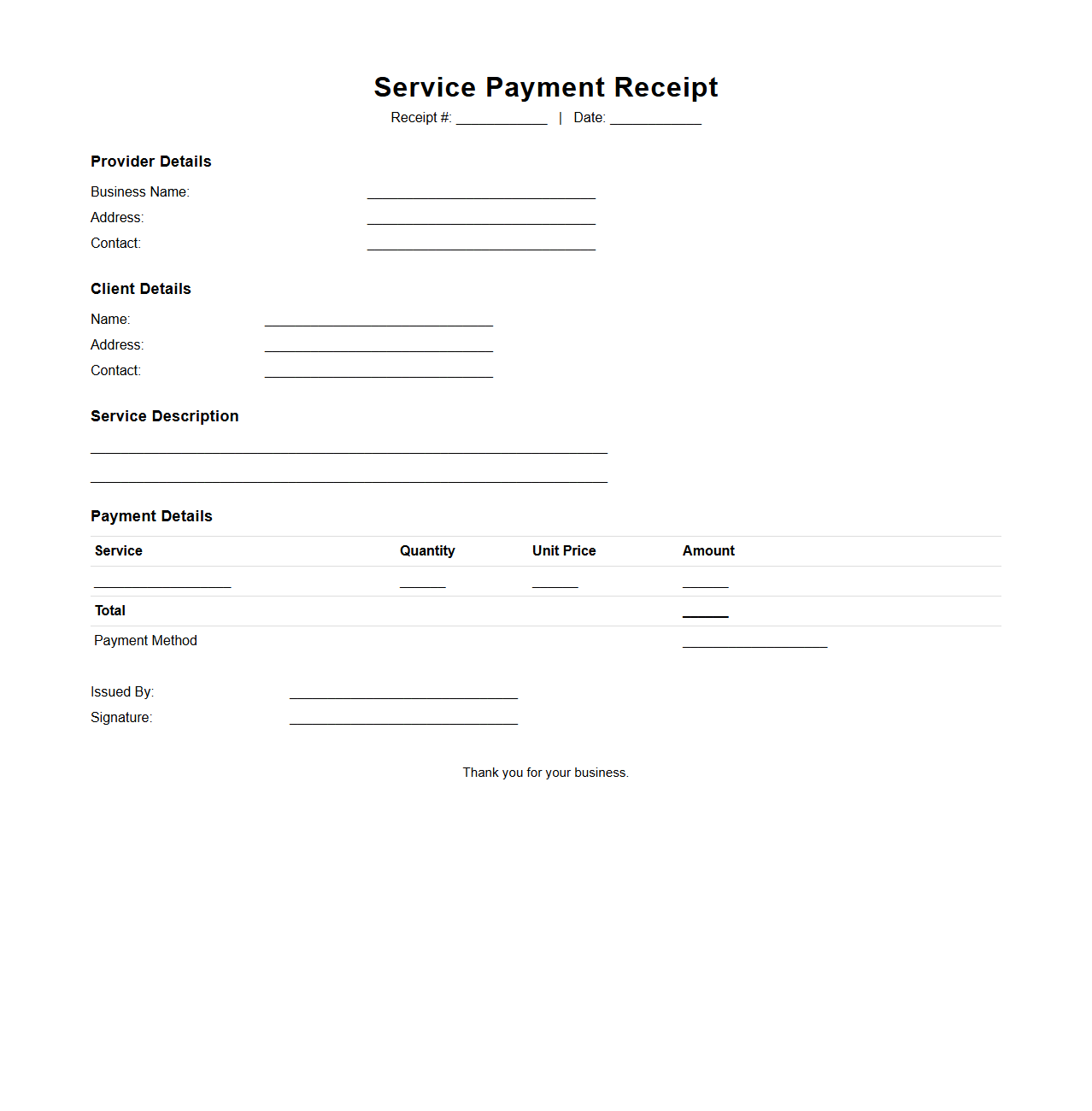 Service Payment Receipt Template for Client Transactions