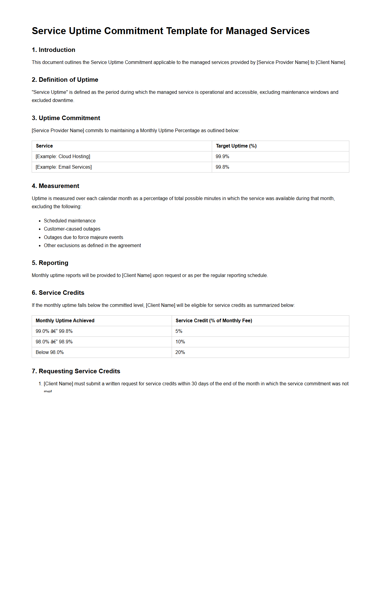 Service Uptime Commitment Template for Managed Services