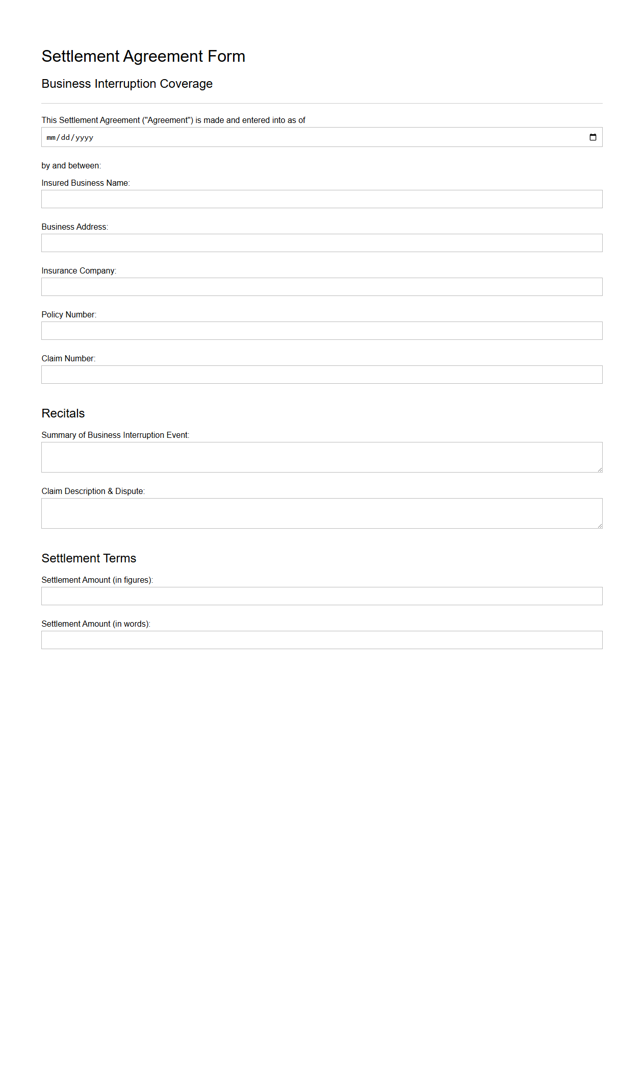 Settlement Agreement Form for Business Interruption Coverage
