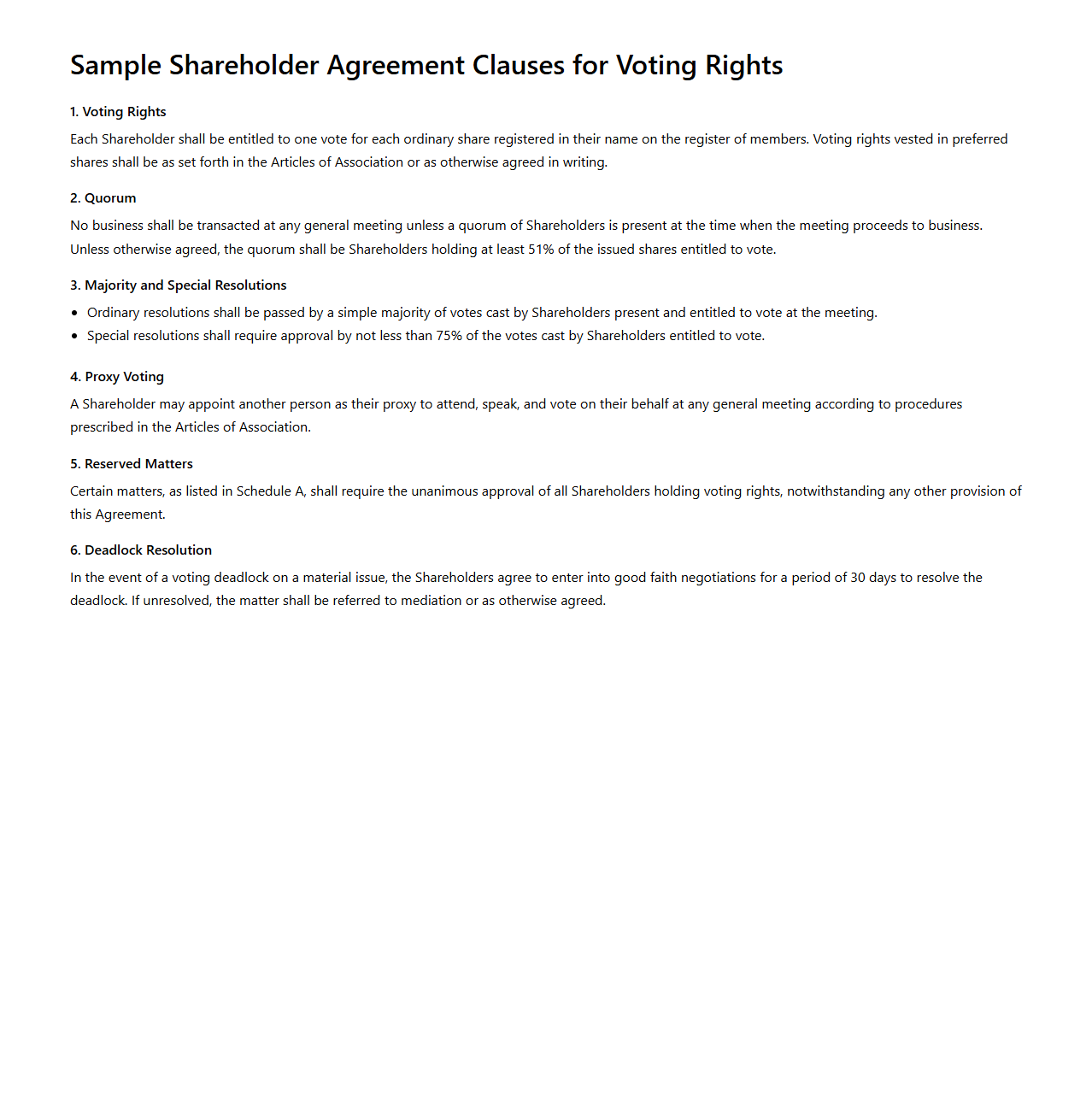 Shareholder Agreement Clauses for Voting Rights