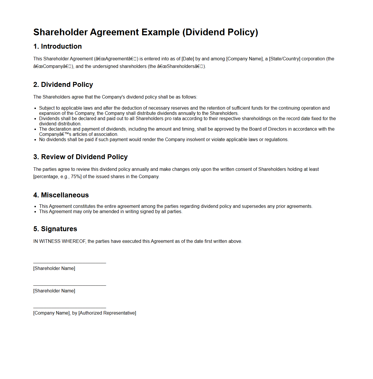 Shareholder Agreement Example for Dividend Policy